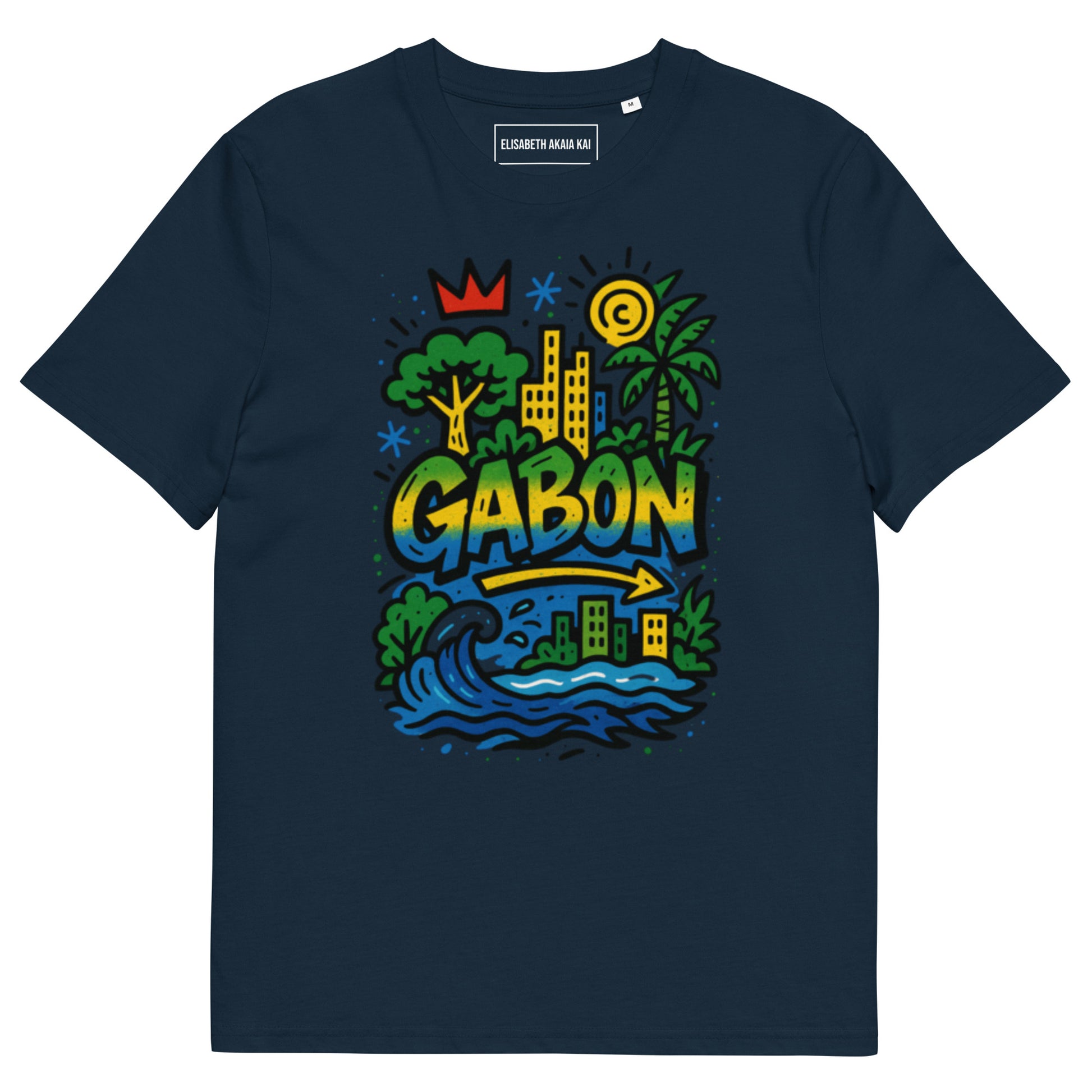 T-shirt bleu marine en coton biologique, imprimé Gabon coloré, coupe unisexe, mode gabonaise afro luxe.