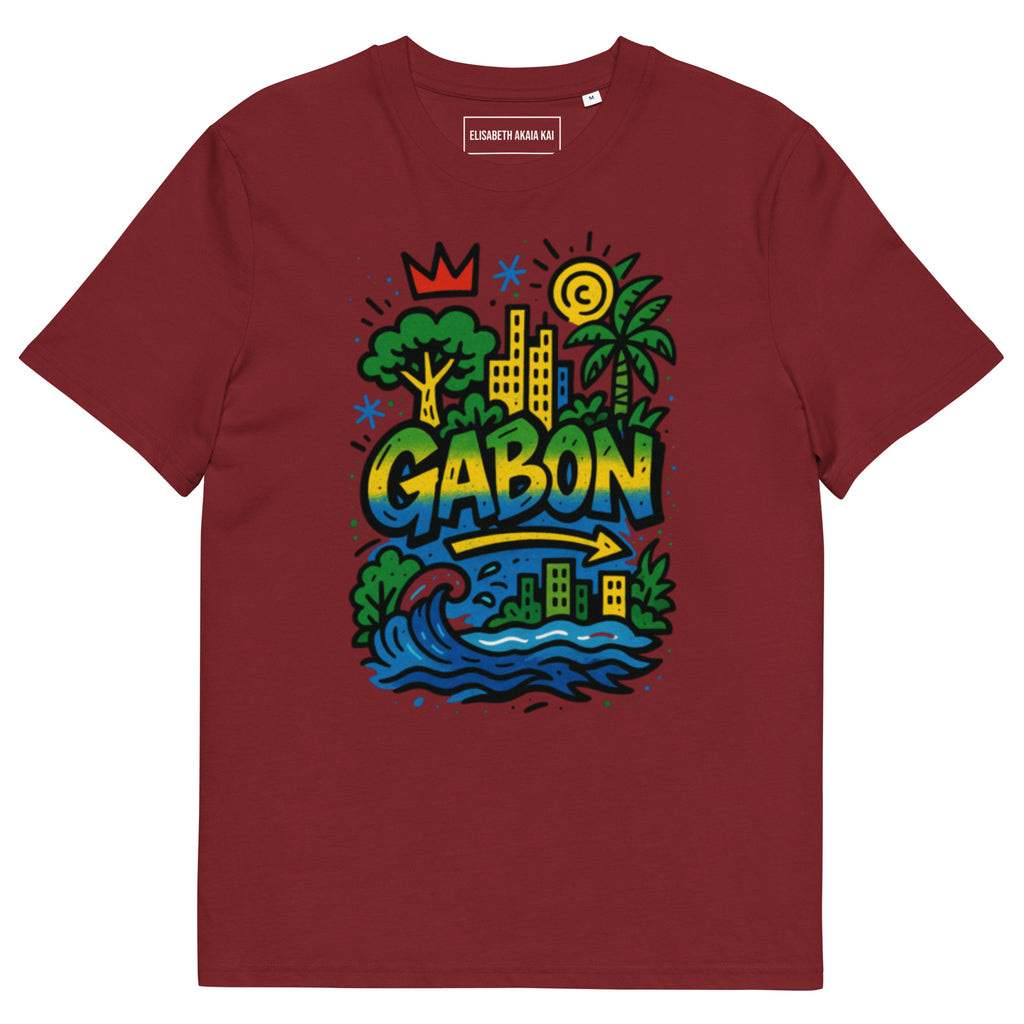 T-shirt bordeaux coton biologique, imprimé Gabon jaune, vert, bleu et rouge, mode afro luxe gabonaise.