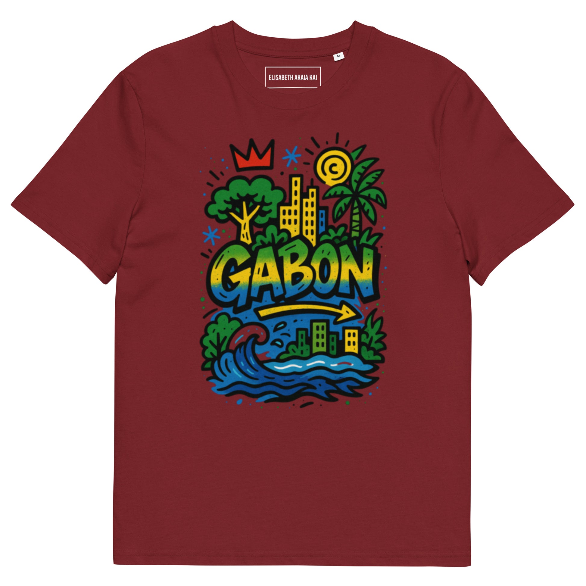 T-shirt bordeaux coton biologique, imprimé Gabon jaune, vert, bleu et rouge, mode afro luxe gabonaise.