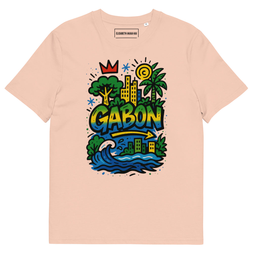 T-shirt pêche clair coton bio, imprimé Gabon coloré solaire, coupe unisexe afro luxe gabonais.