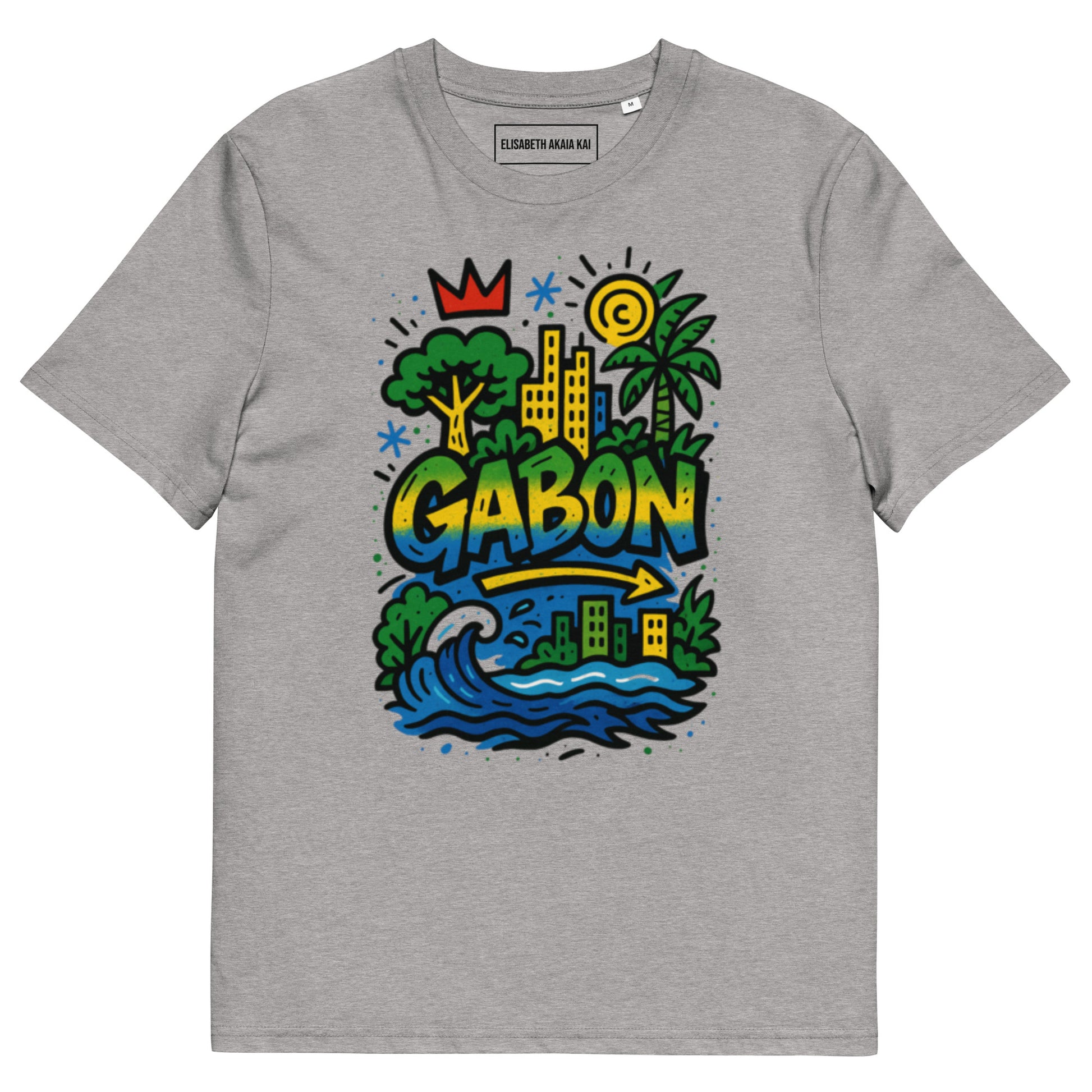 T-shirt gris chiné clair coton bio, imprimé Gabon coloré, coupe unisexe afro luxe haut de gamme.