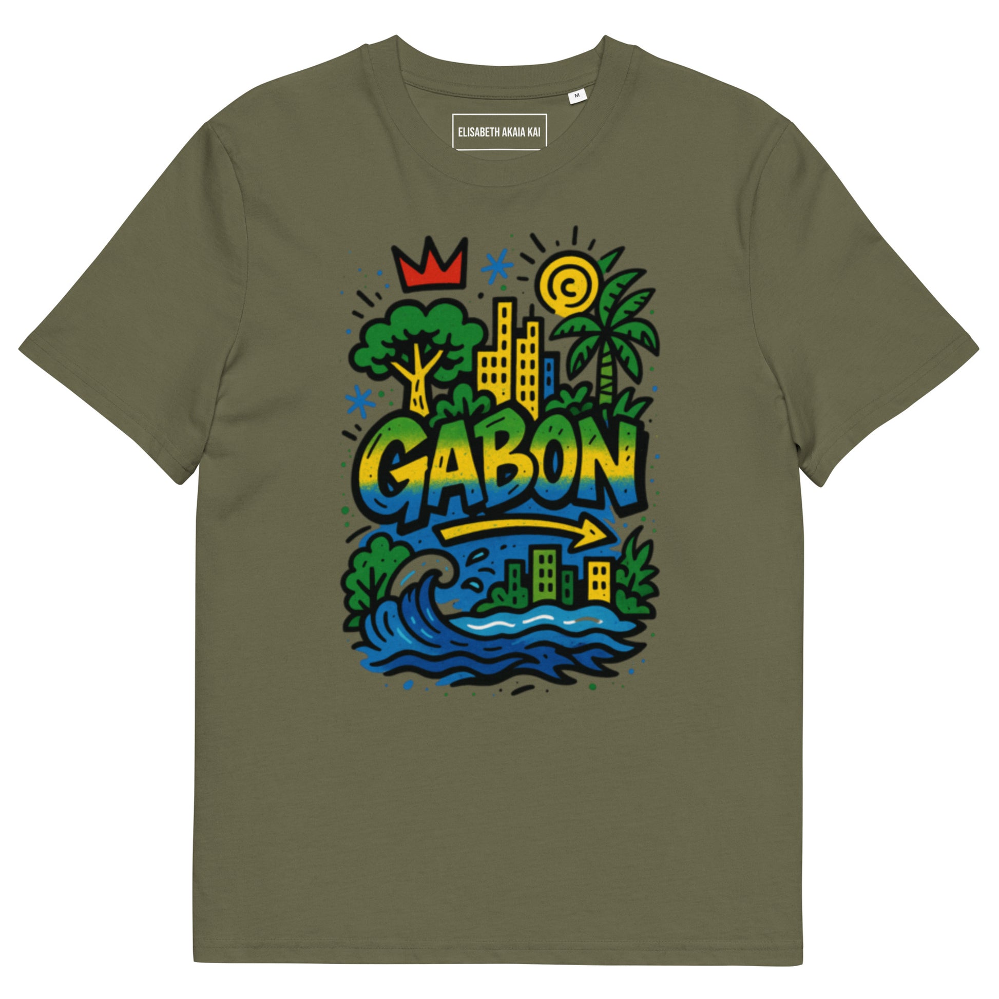 T-shirt kaki coton bio, imprimé coloré Gabon inspiré du Gabon Luxe, coupe unisexe afro luxe.