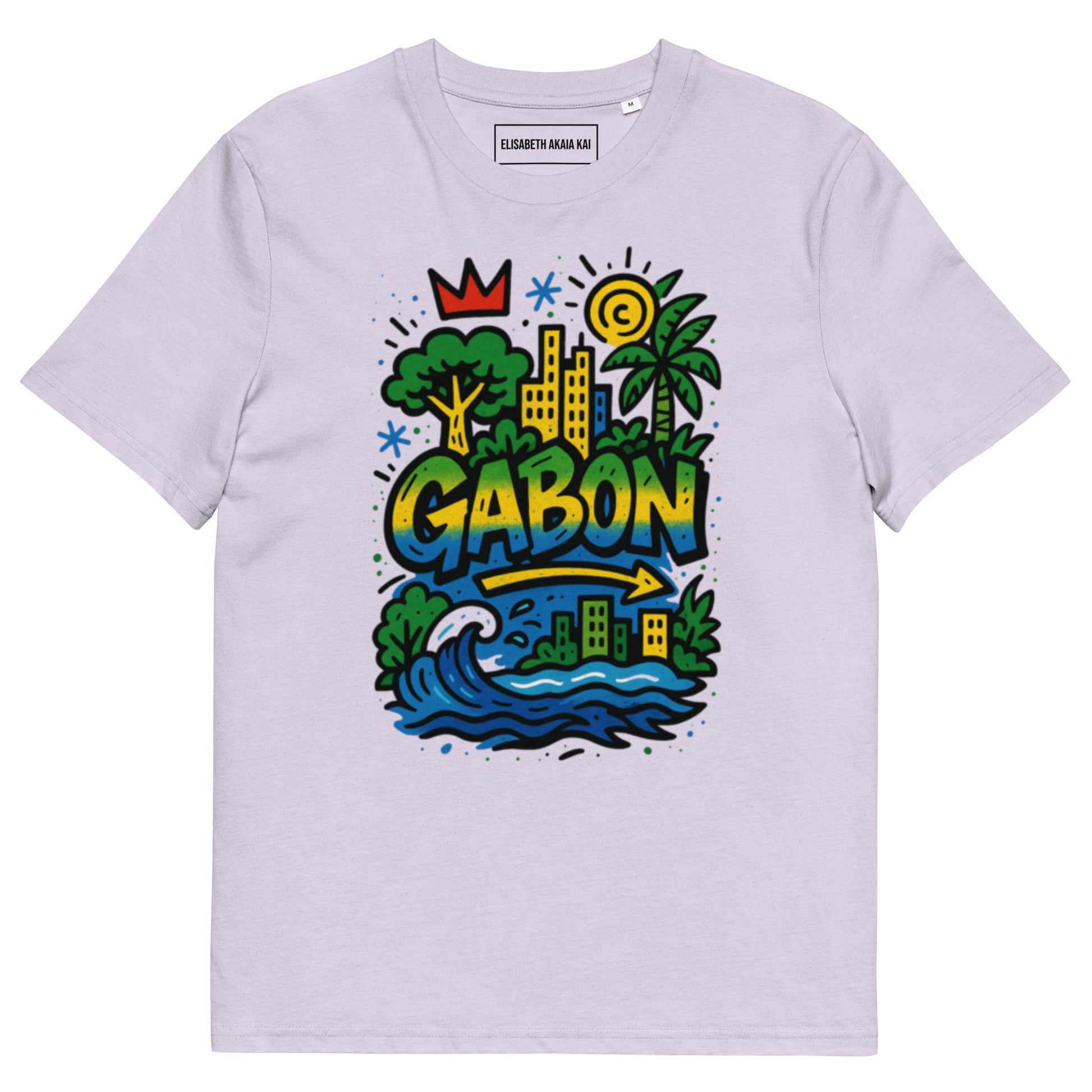 T-shirt lavande clair coton bio, imprimé Gabon coloré jaune, vert et bleu, coupe unisexe afro luxe.