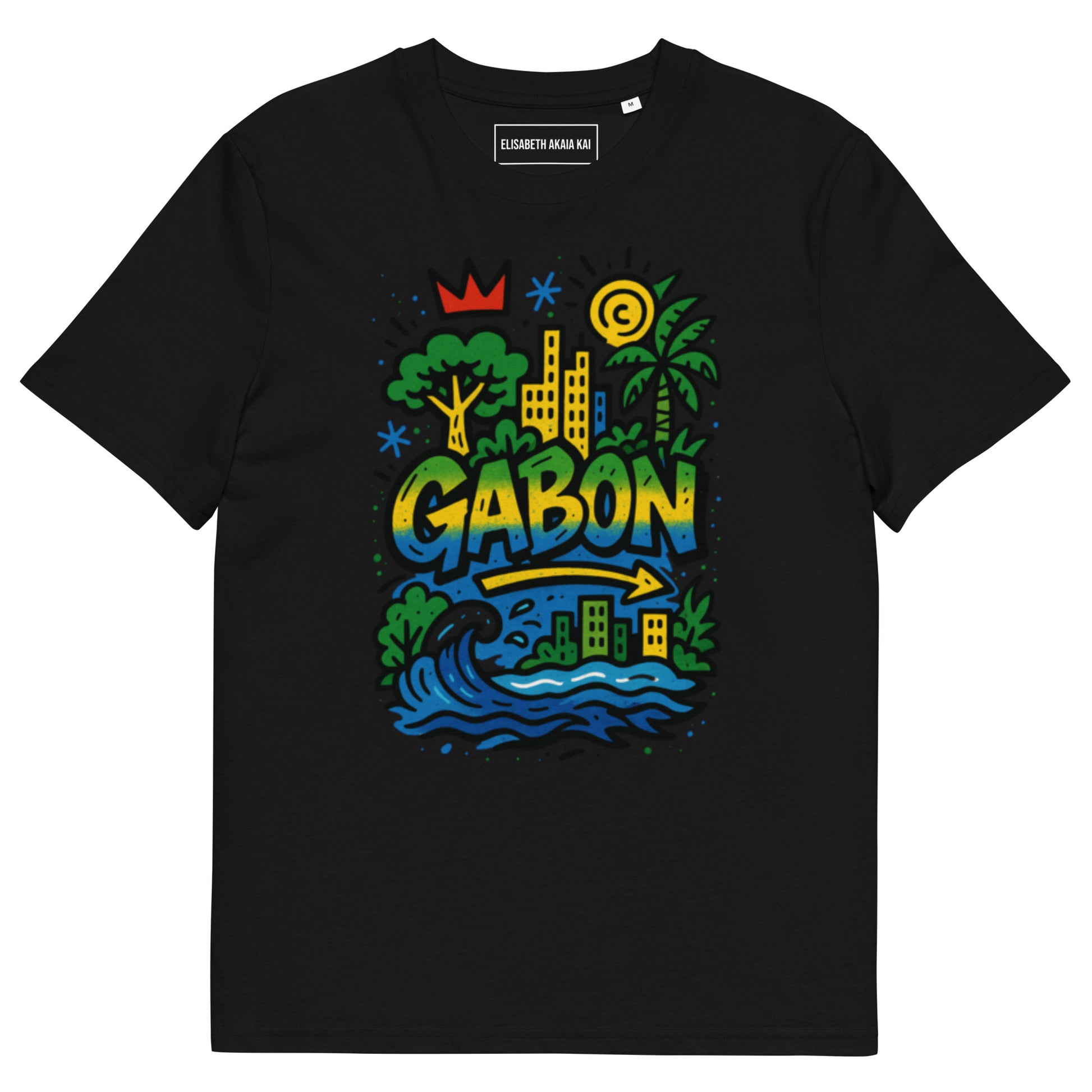 T-shirt noir en coton bio premium, imprimé artistique “GABON” jaune, vert et bleu, style afro luxe et exclusif.