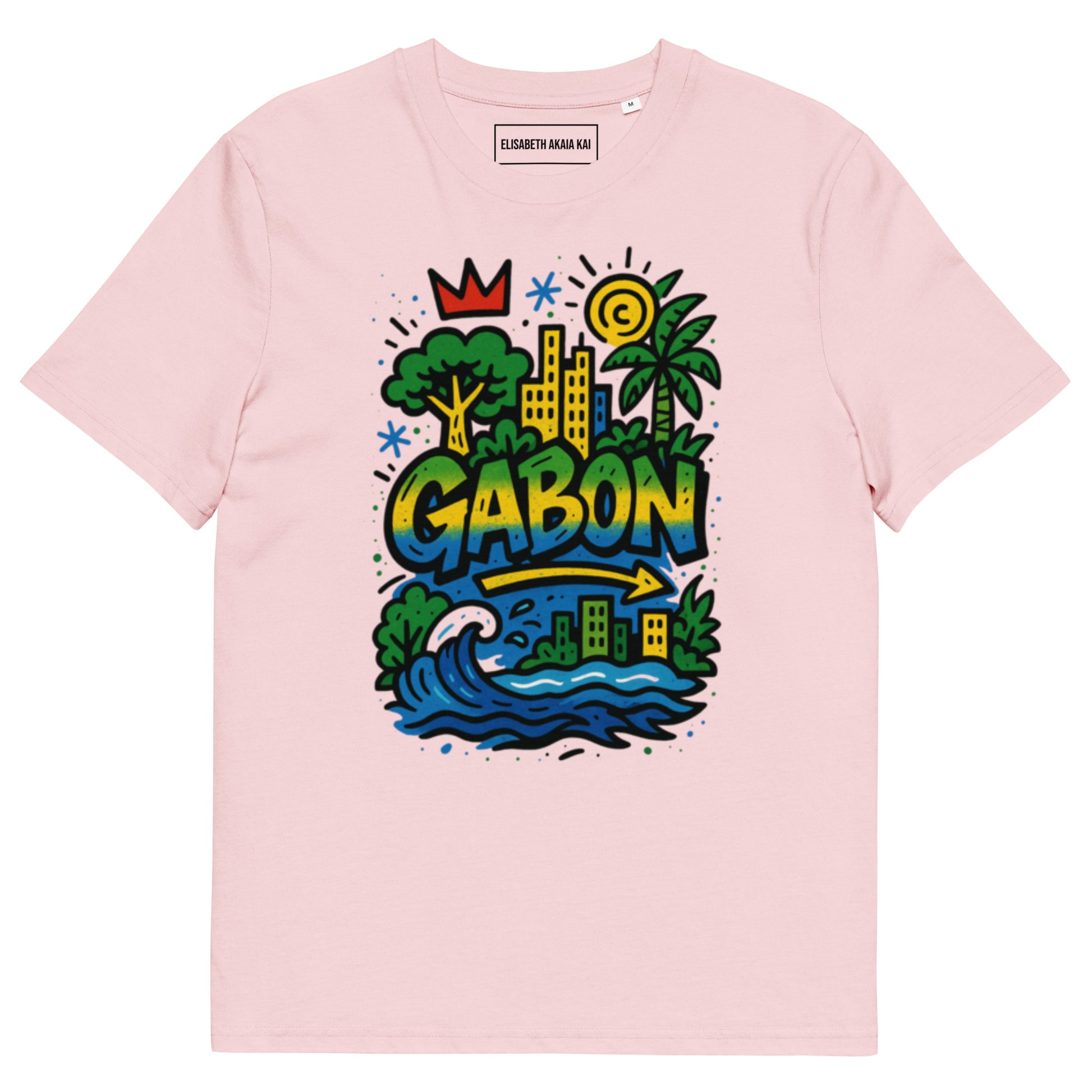 T-shirt rose clair en coton biologique, imprimé artistique Gabon tropical, mode afro luxe premium.