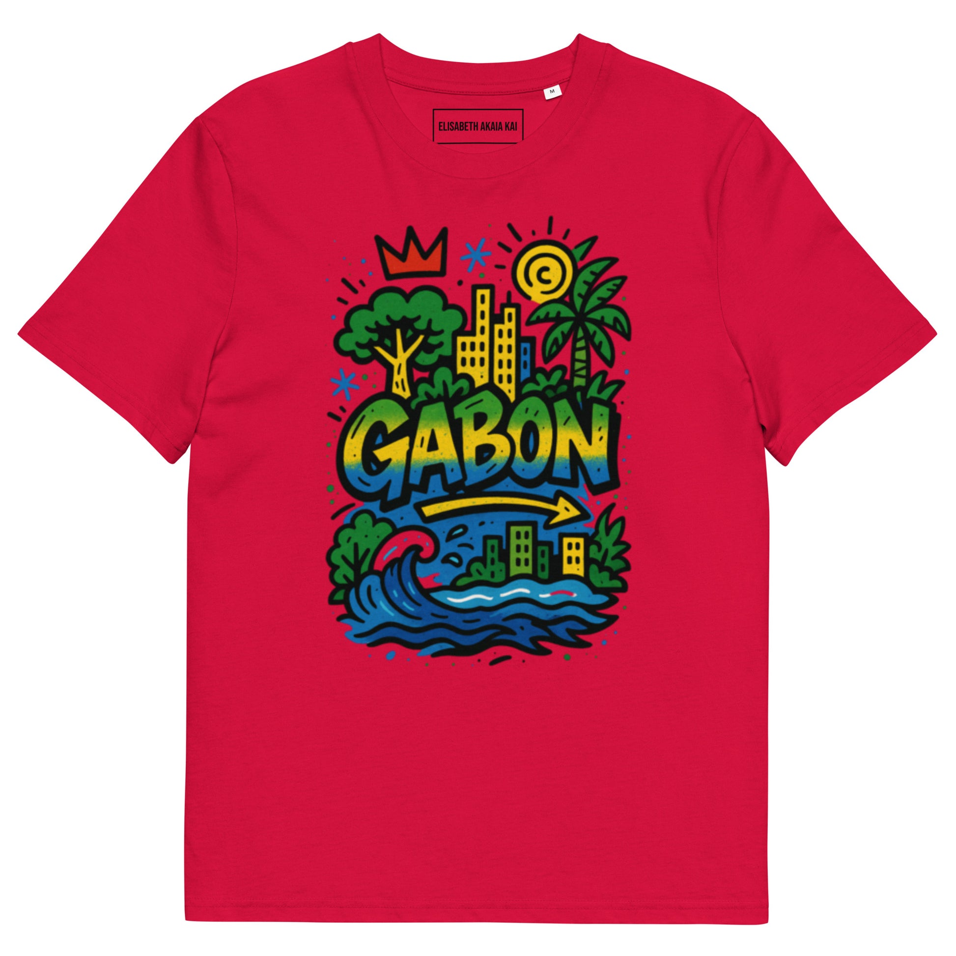 T-shirt rouge vif en coton bio, imprimé artistique Gabon Luxe, coupe unisexe afro chic et premium.