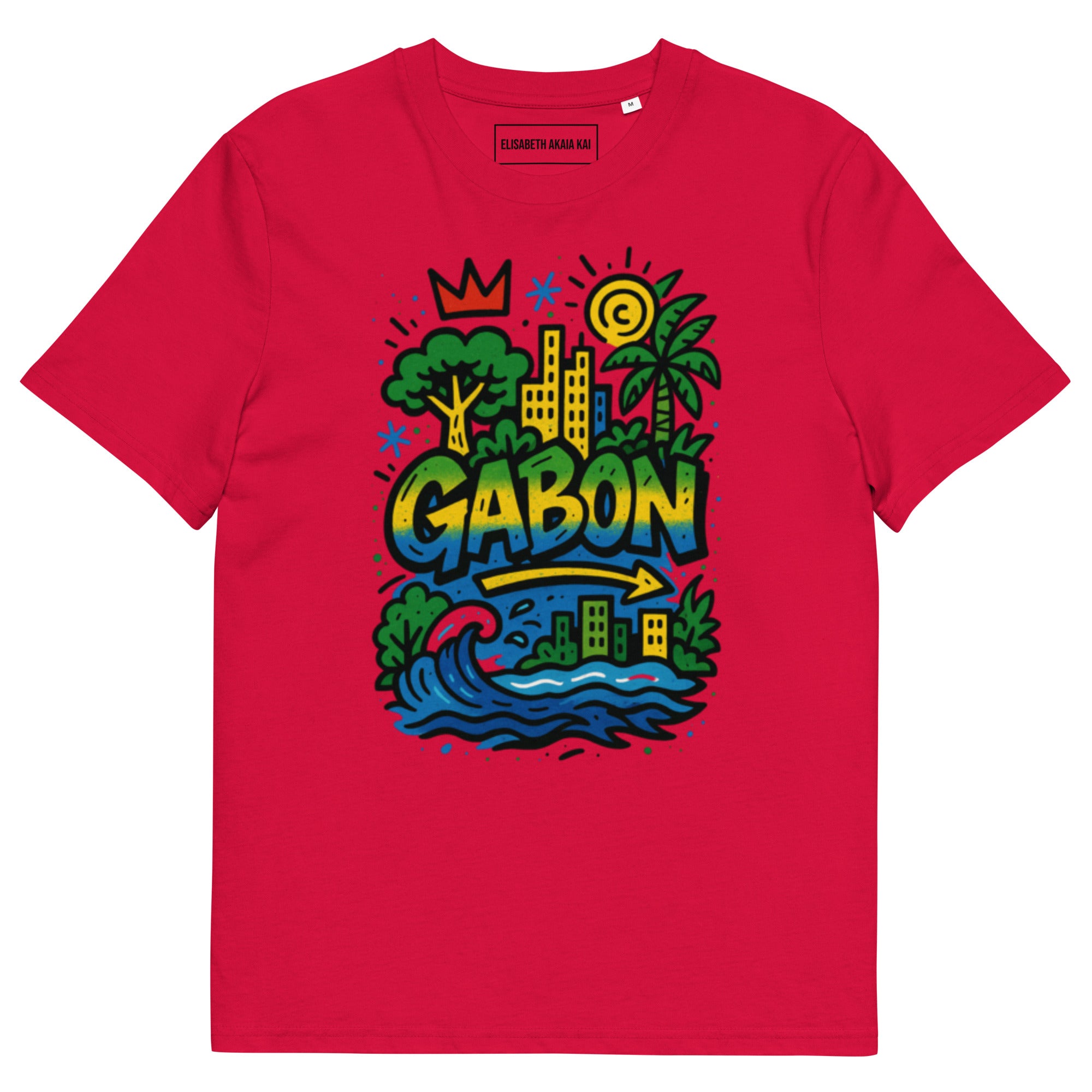 T-shirt rouge vif en coton bio, imprimé artistique Gabon Luxe, coupe unisexe afro chic et premium.