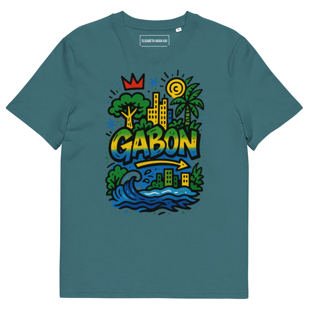 T-shirt stargazer (vert-bleu) en coton biologique, imprimé Gabon coloré, style afro luxe et exclusif.