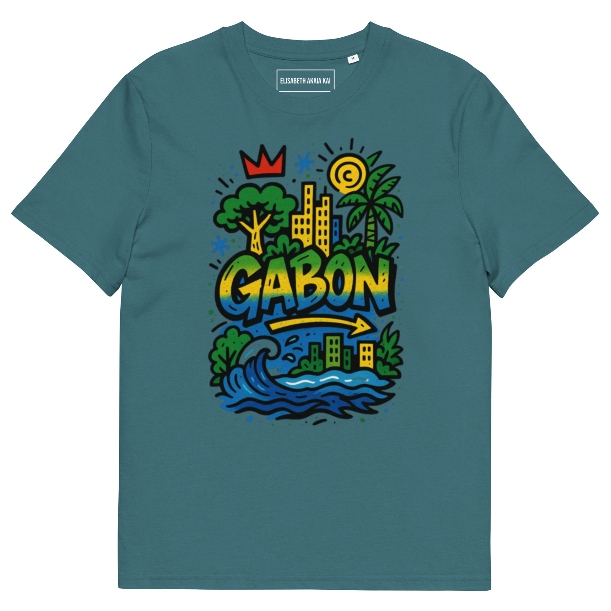 T-shirt stargazer (vert-bleu) en coton biologique, imprimé Gabon coloré, style afro luxe et exclusif.