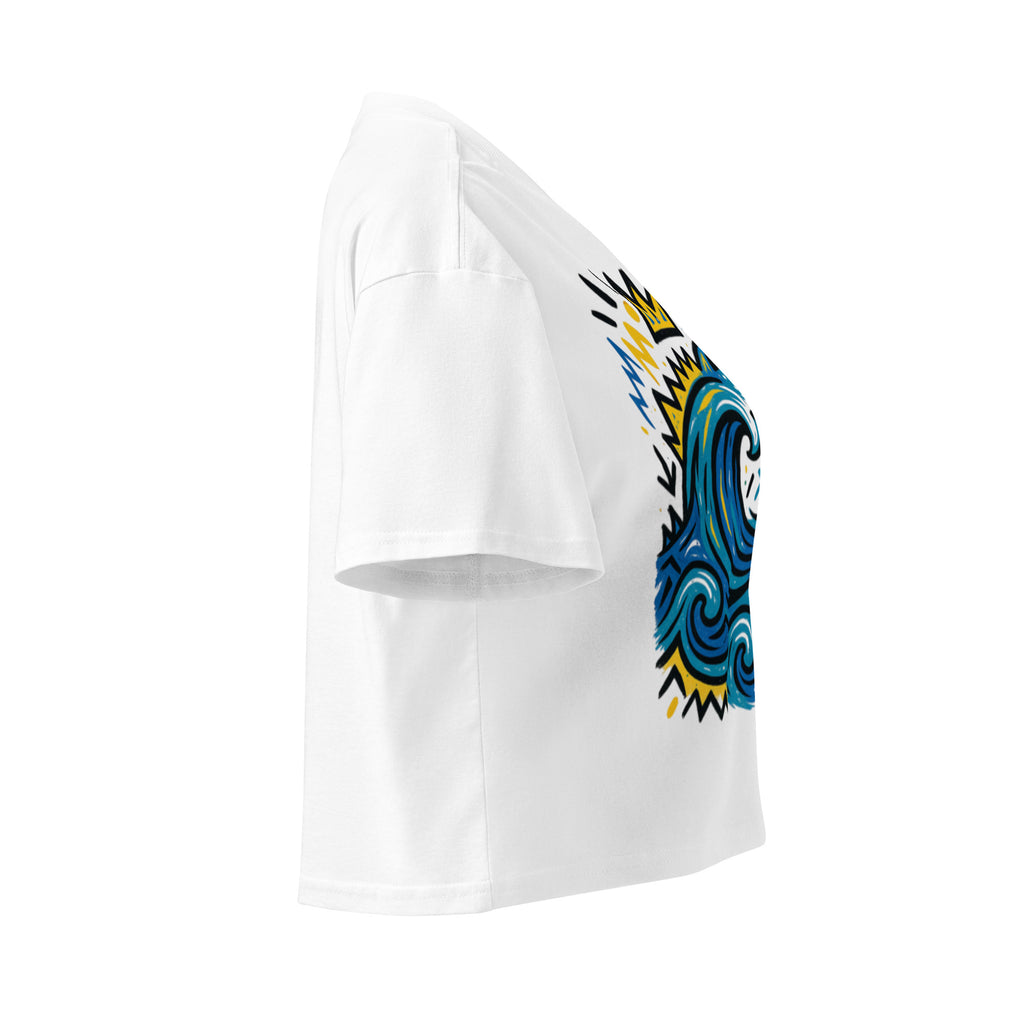 T-shirt blanc en coton biologique avec imprimé coloré “Gabon” représentant soleil, palmiers, vagues et buildings, coupe unisexe, mode afro luxe.