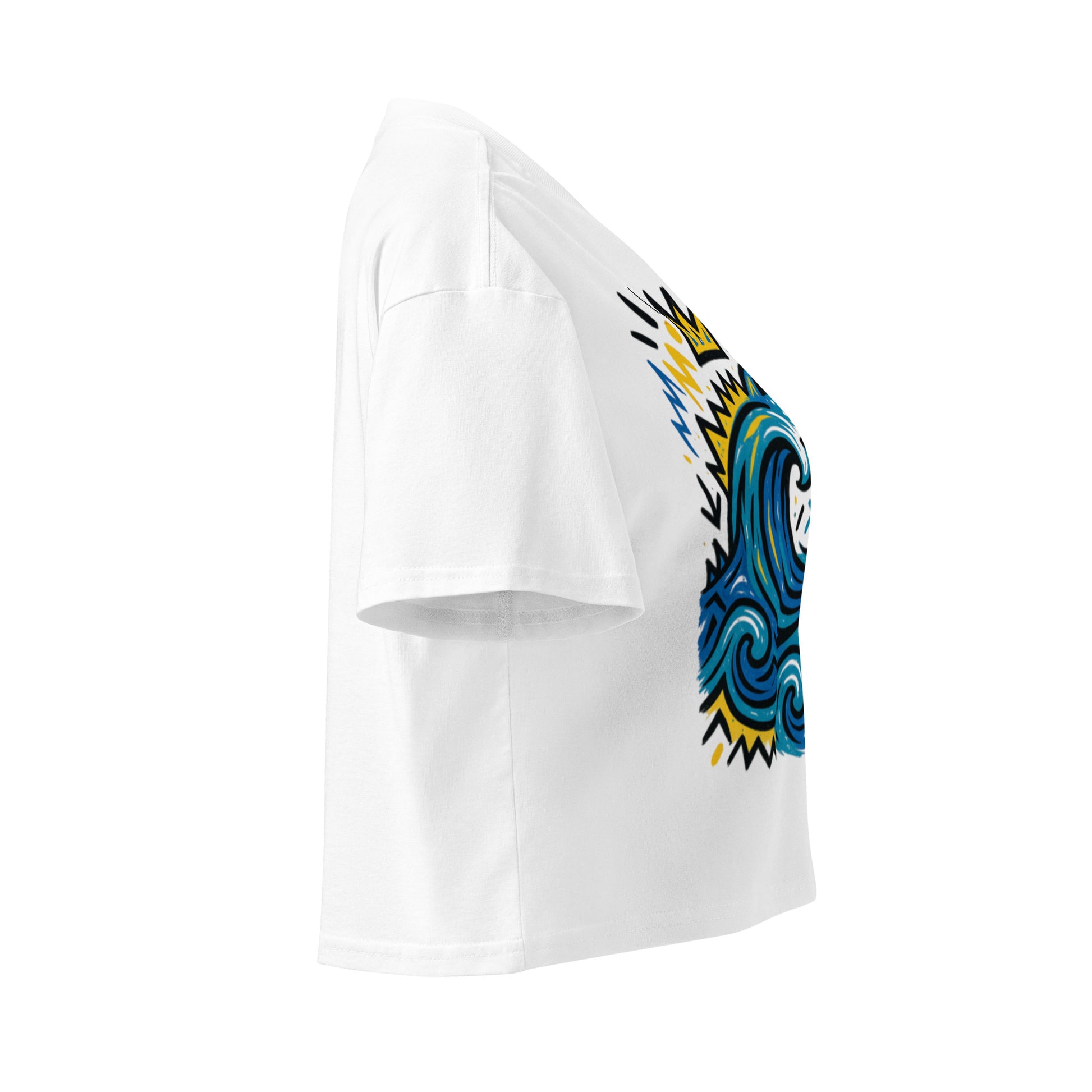 T-shirt blanc en coton biologique avec imprimé coloré “Gabon” représentant soleil, palmiers, vagues et buildings, coupe unisexe, mode afro luxe.