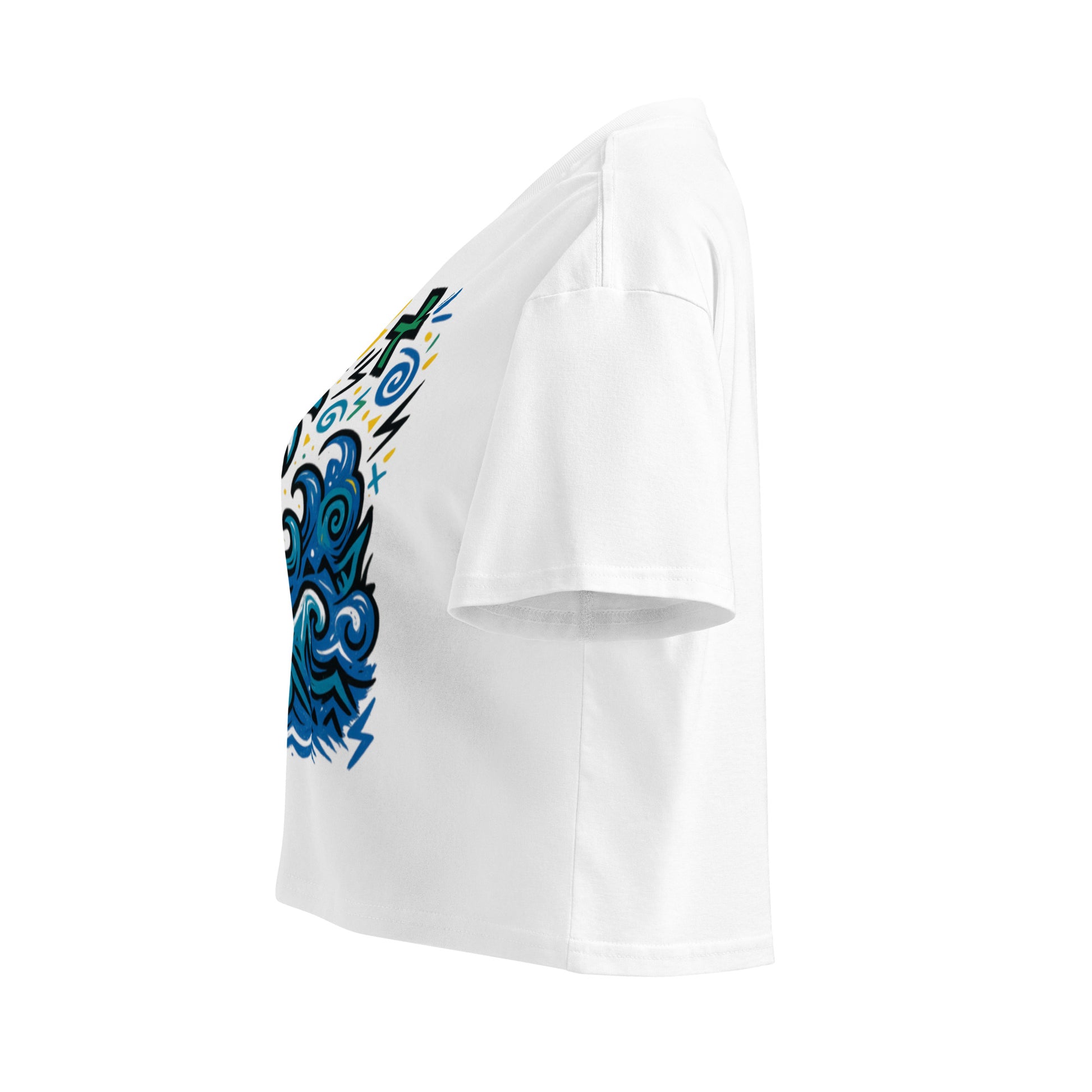 T-shirt blanc en coton biologique avec imprimé coloré “Gabon” représentant soleil, palmiers, vagues et buildings, coupe unisexe, mode afro luxe.