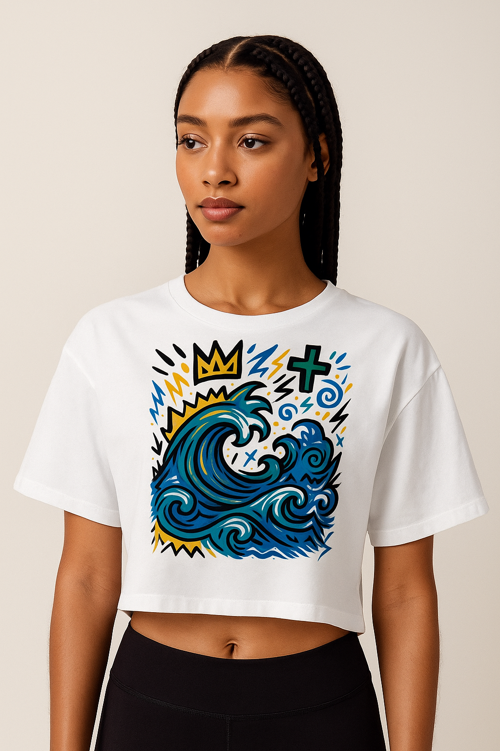 T-shirt blanc en coton biologique avec imprimé coloré “Gabon” représentant soleil, palmiers, vagues et buildings, coupe unisexe, mode afro luxe.