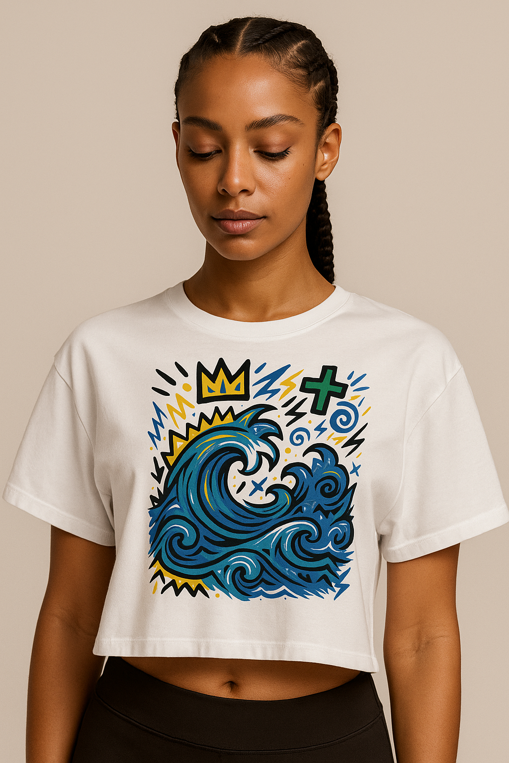 T-shirt blanc en coton biologique avec imprimé coloré “Gabon” représentant soleil, palmiers, vagues et buildings, coupe unisexe, mode afro luxe.