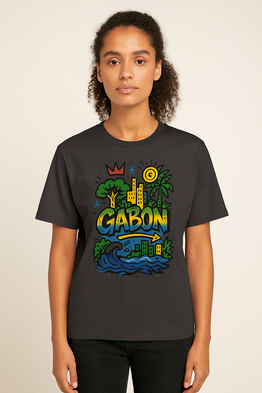 T-shirt anthracite coton bio, imprimé Gabon coloré avec motifs tropicaux, coupe unisexe afro luxe.