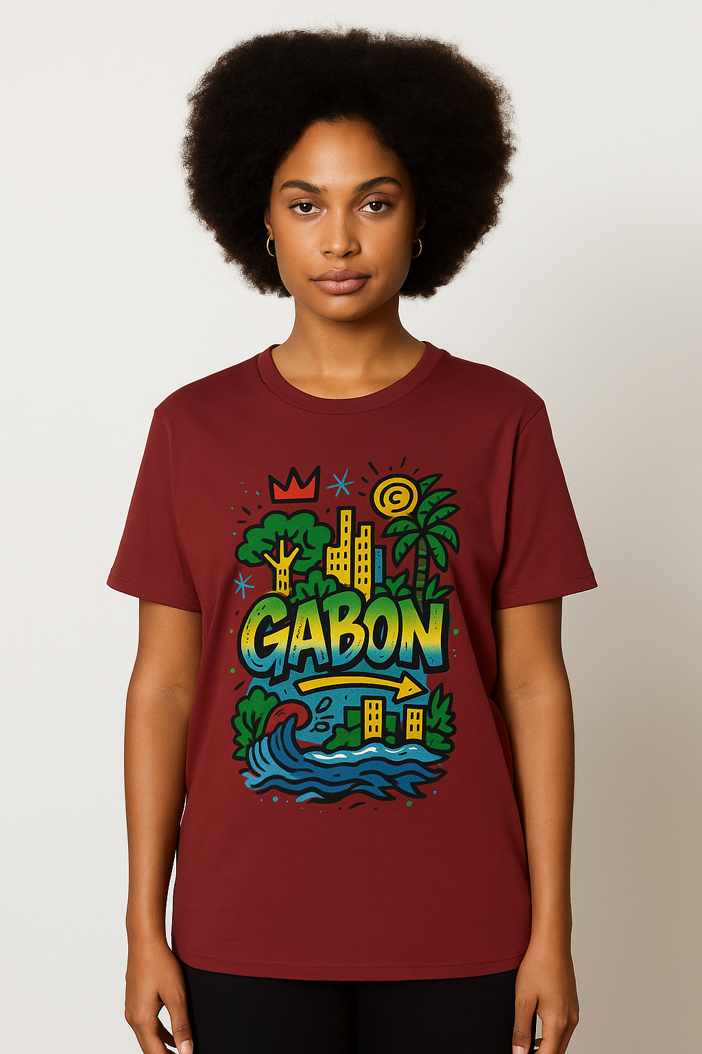 T-shirt bordeaux coton biologique, imprimé Gabon jaune, vert, bleu et rouge, mode afro luxe gabonaise.