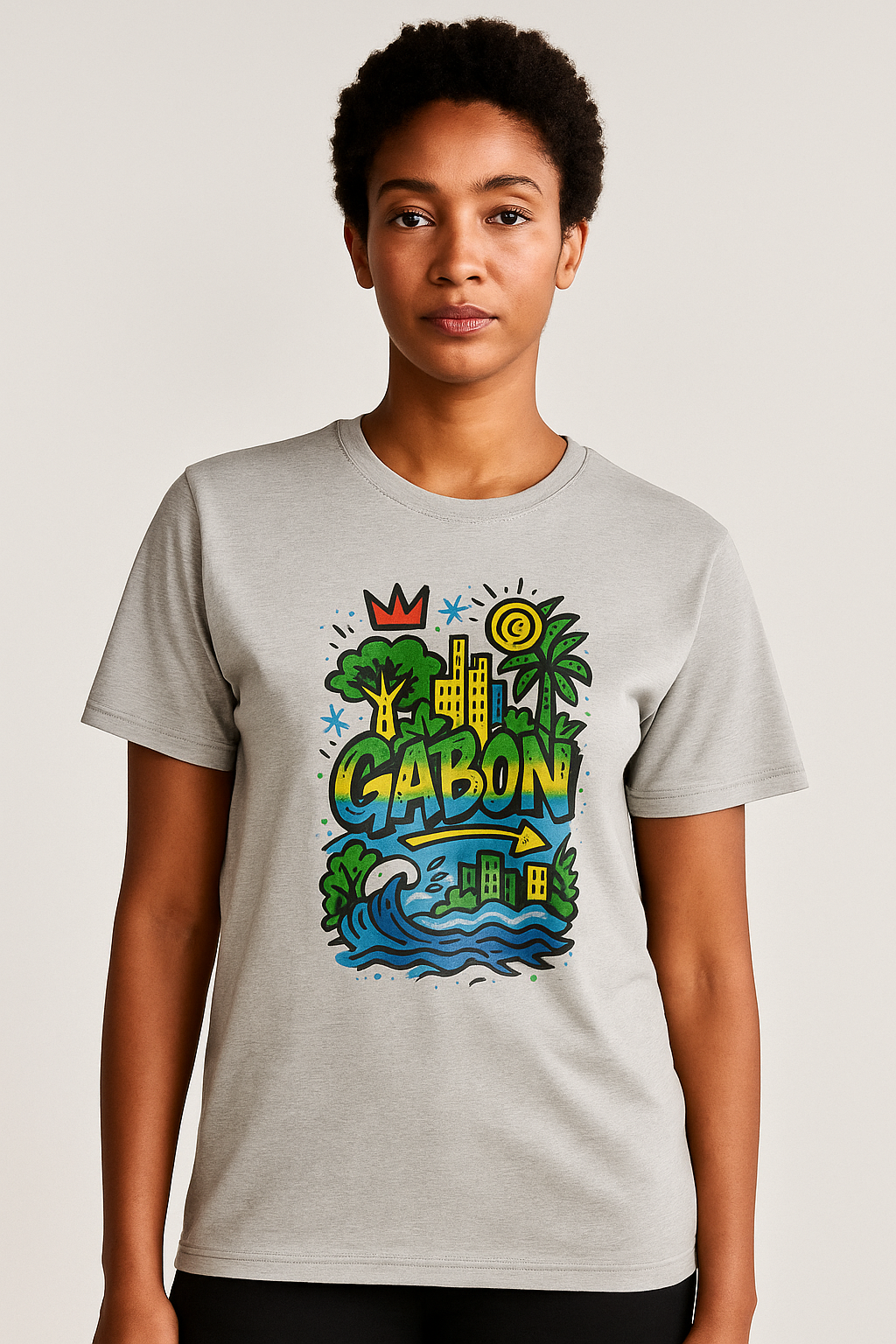 T-shirt gris chiné clair coton bio, imprimé Gabon coloré, coupe unisexe afro luxe haut de gamme.