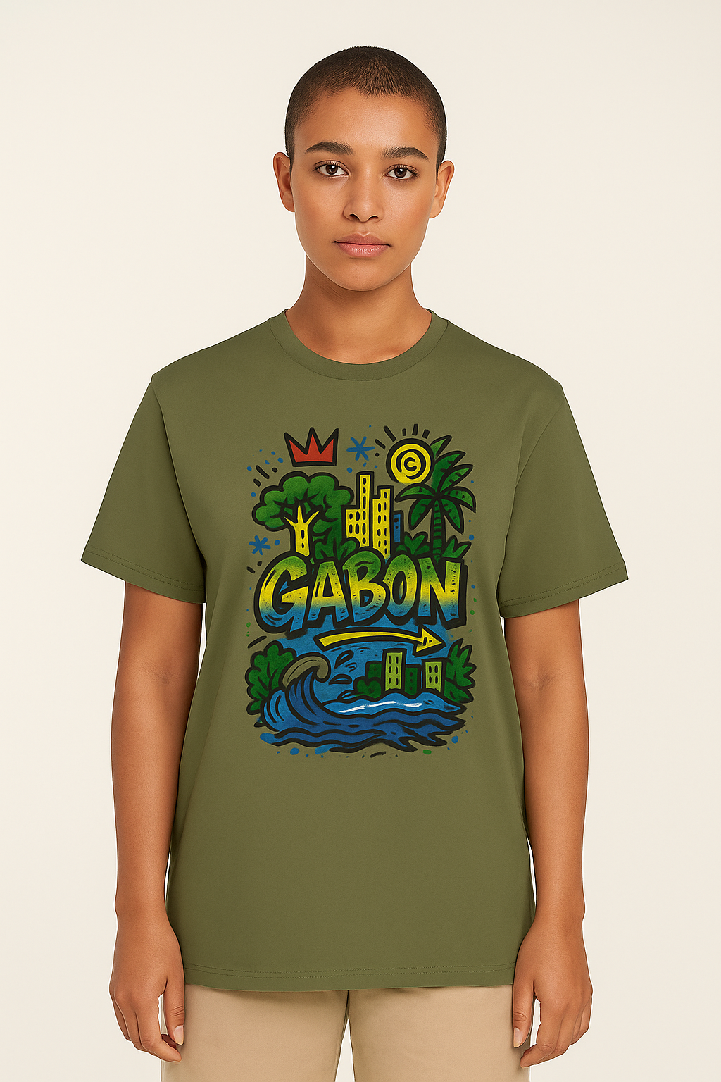 T-shirt kaki coton bio, imprimé coloré Gabon inspiré du Gabon Luxe, coupe unisexe afro luxe.