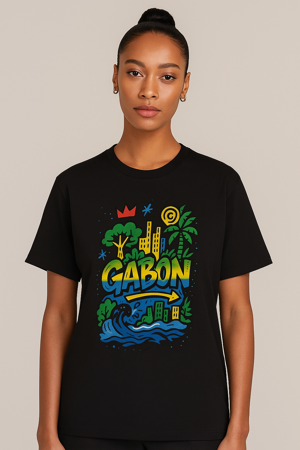 T-shirt noir en coton bio premium, imprimé artistique “GABON” jaune, vert et bleu, style afro luxe et exclusif.