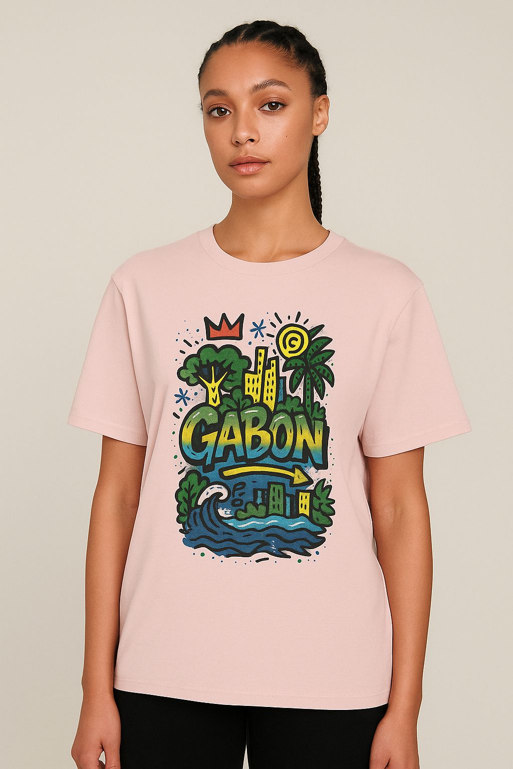 T-shirt rose clair en coton biologique, imprimé artistique Gabon tropical, mode afro luxe premium.