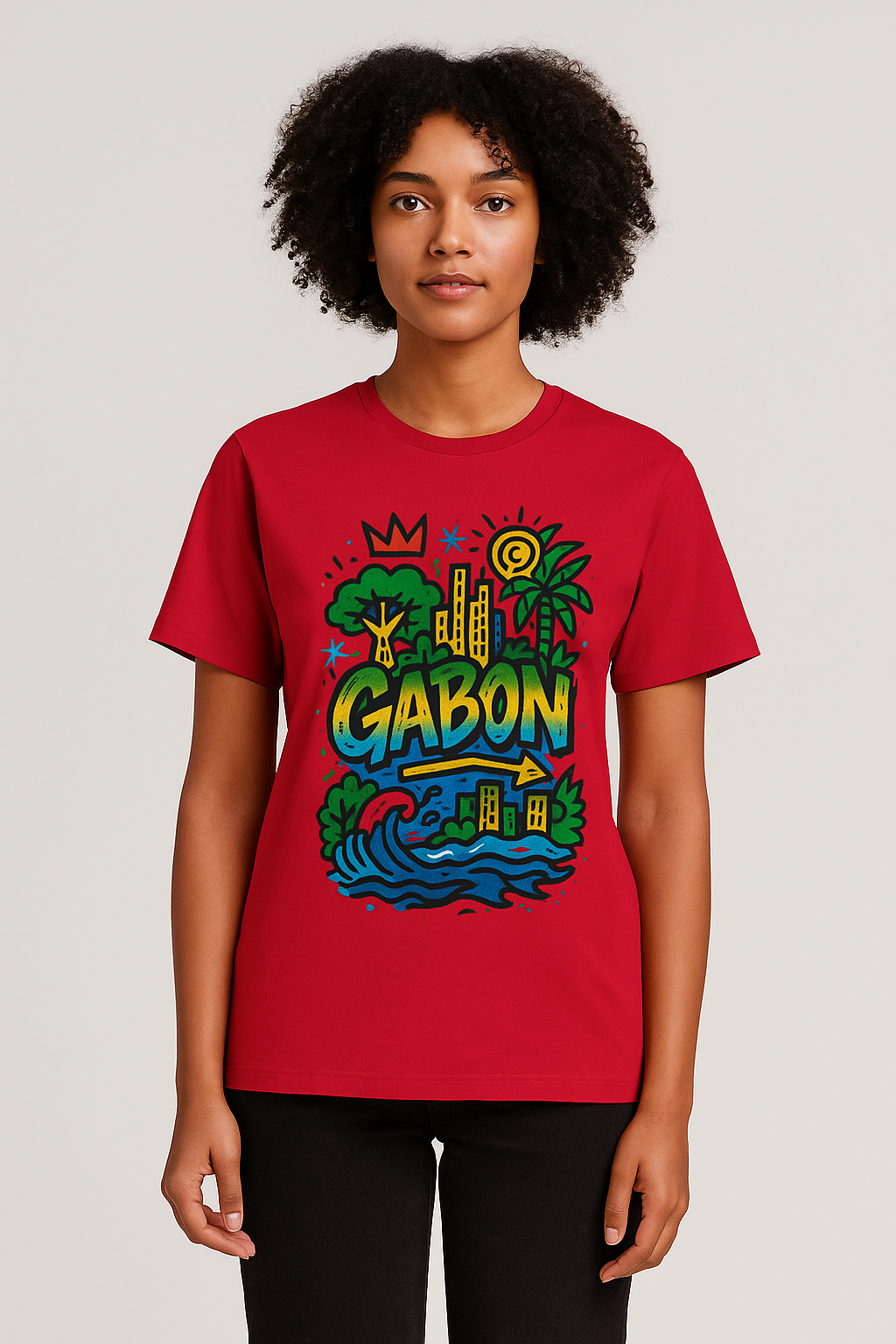 T-shirt rouge vif en coton bio, imprimé artistique Gabon Luxe, coupe unisexe afro chic et premium.