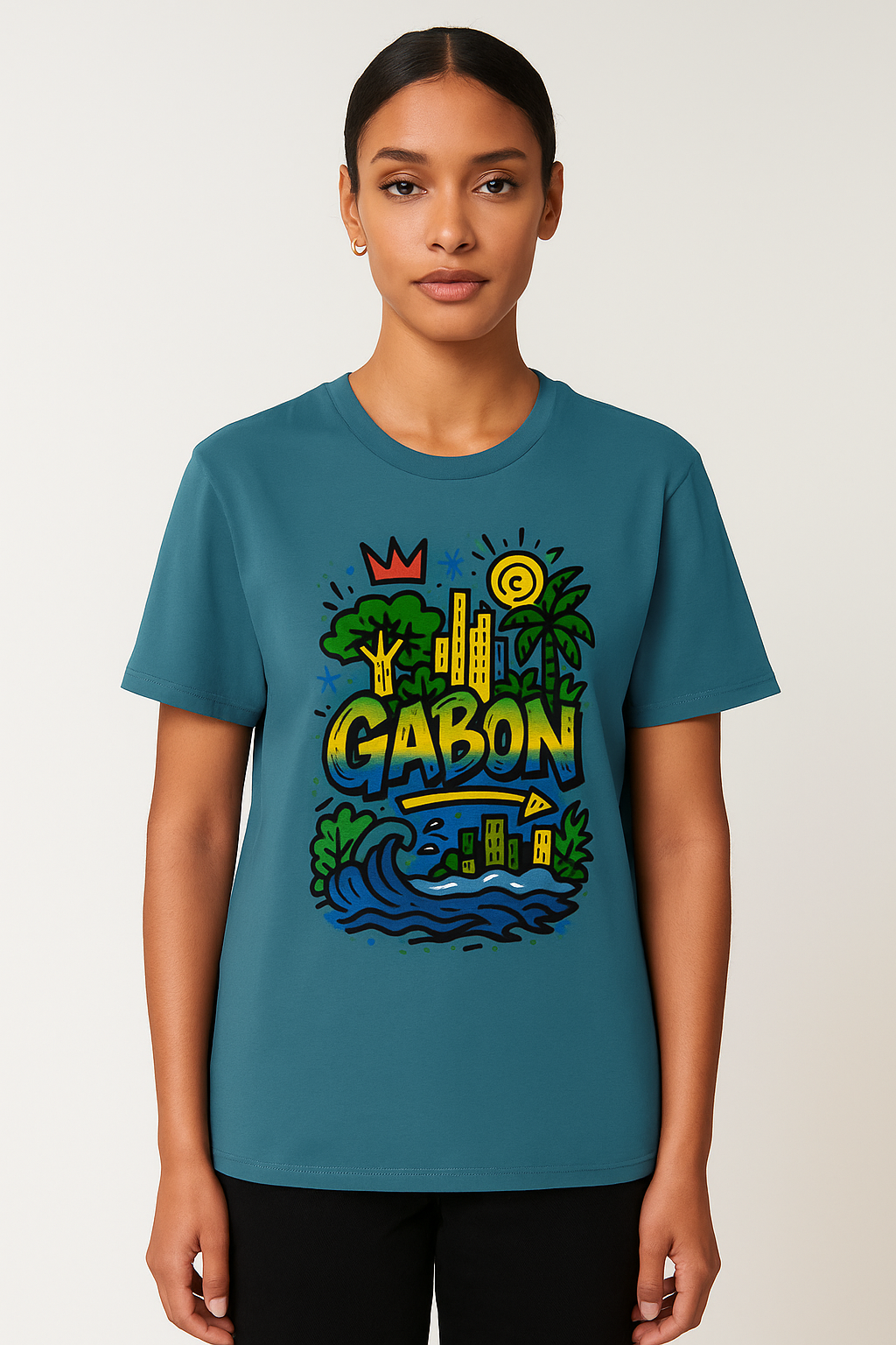 T-shirt stargazer (vert-bleu) en coton biologique, imprimé Gabon coloré, style afro luxe et exclusif.