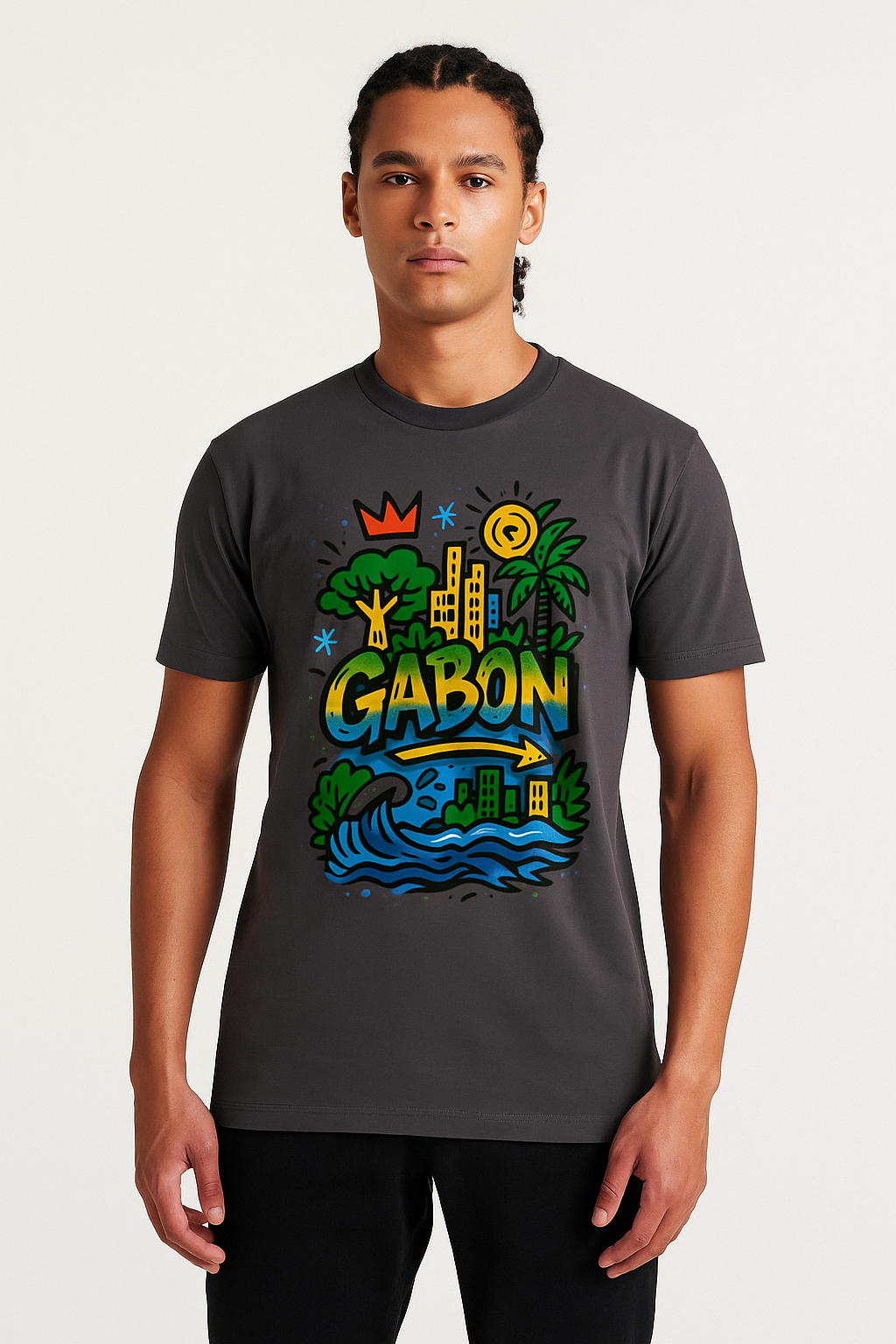 T-shirt anthracite coton bio, imprimé Gabon coloré avec motifs tropicaux, coupe unisexe afro luxe.