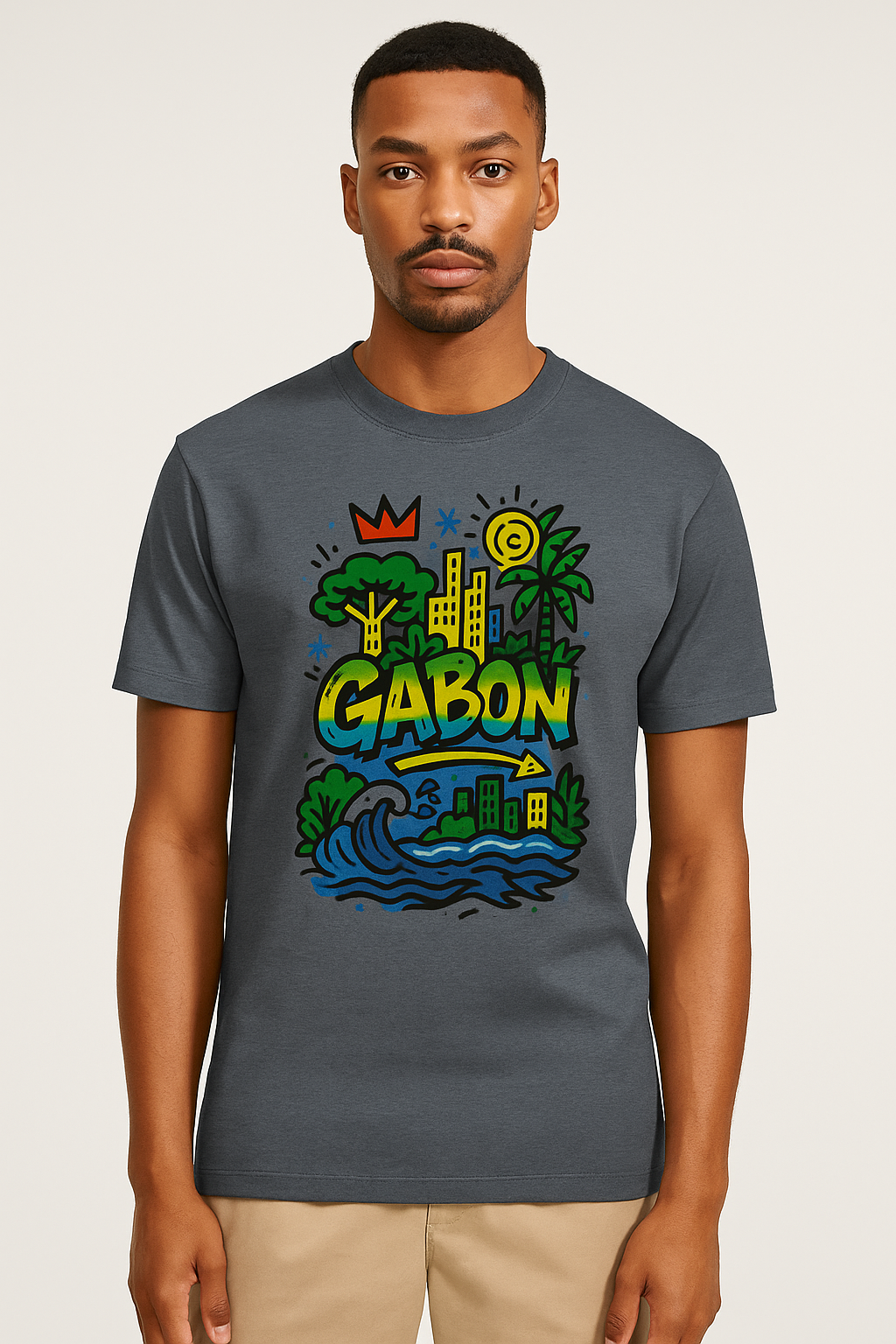 T-shirt bleu chiné foncé en coton biologique, imprimé Gabon multicolore, pièce afro luxe durable.