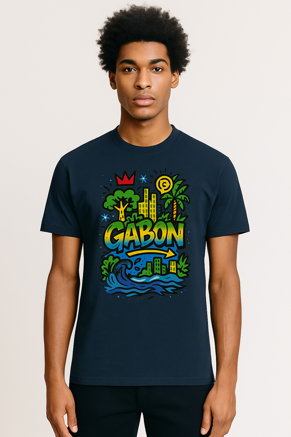 T-shirt bleu marine en coton biologique, imprimé Gabon coloré, coupe unisexe, mode gabonaise afro luxe.