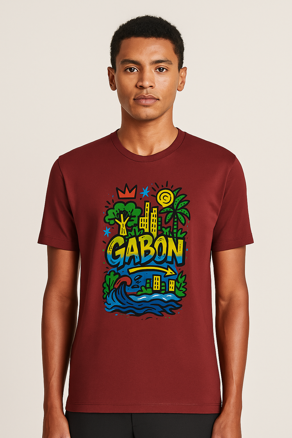 T-shirt bordeaux coton biologique, imprimé Gabon jaune, vert, bleu et rouge, mode afro luxe gabonaise.