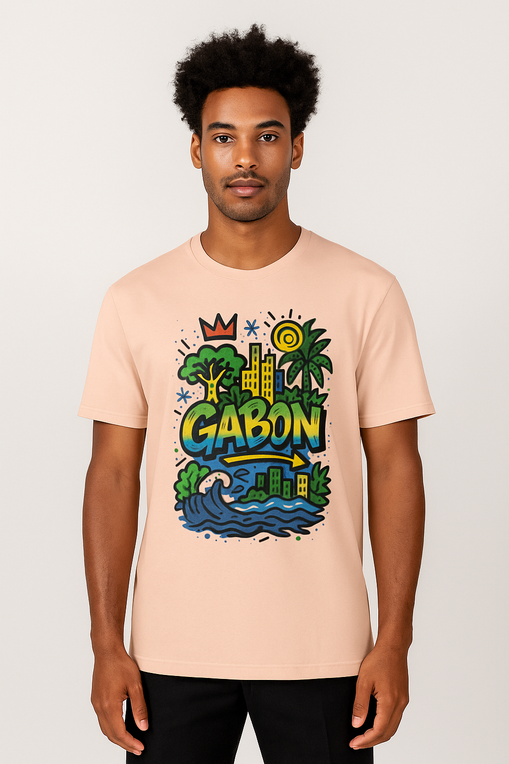 T-shirt pêche clair coton bio, imprimé Gabon coloré solaire, coupe unisexe afro luxe gabonais.