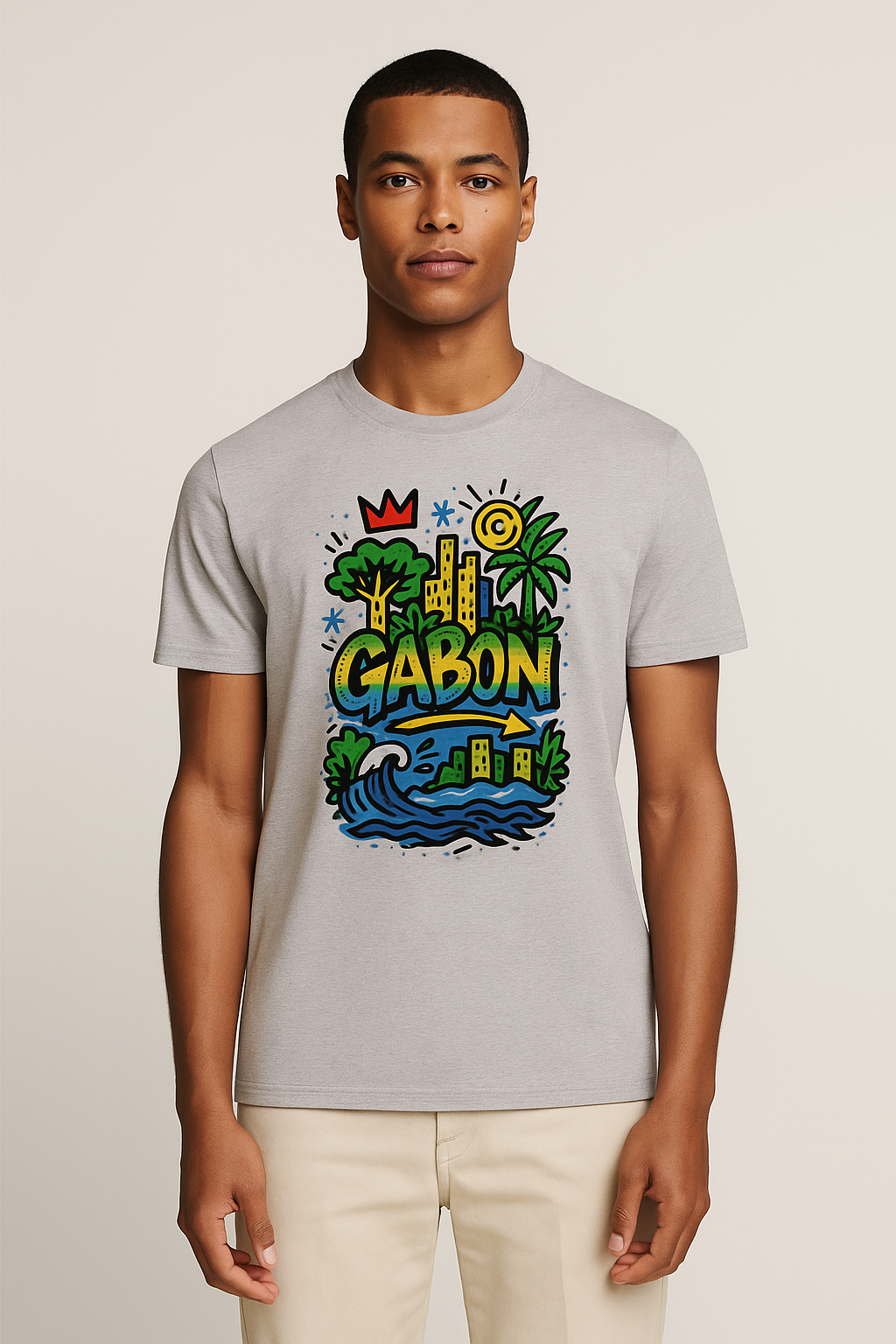 T-shirt gris chiné clair coton bio, imprimé Gabon coloré, coupe unisexe afro luxe haut de gamme.