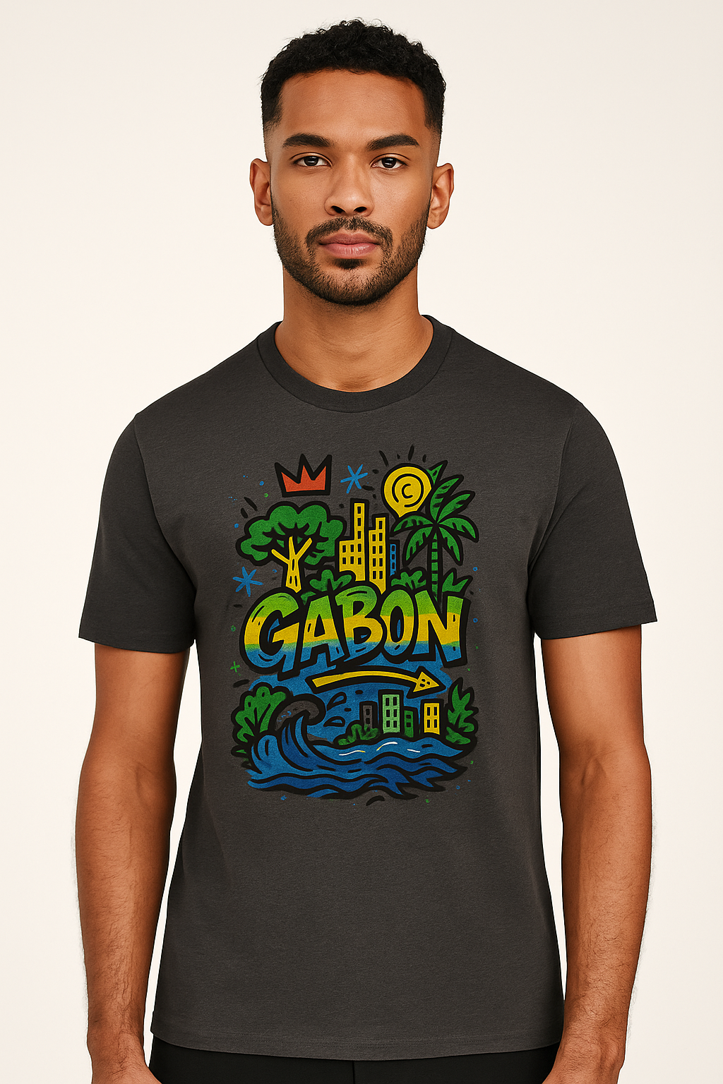 T-shirt gris foncé chiné en coton bio, imprimé vibrant “GABON”, pièce afro luxe durable et exclusive.