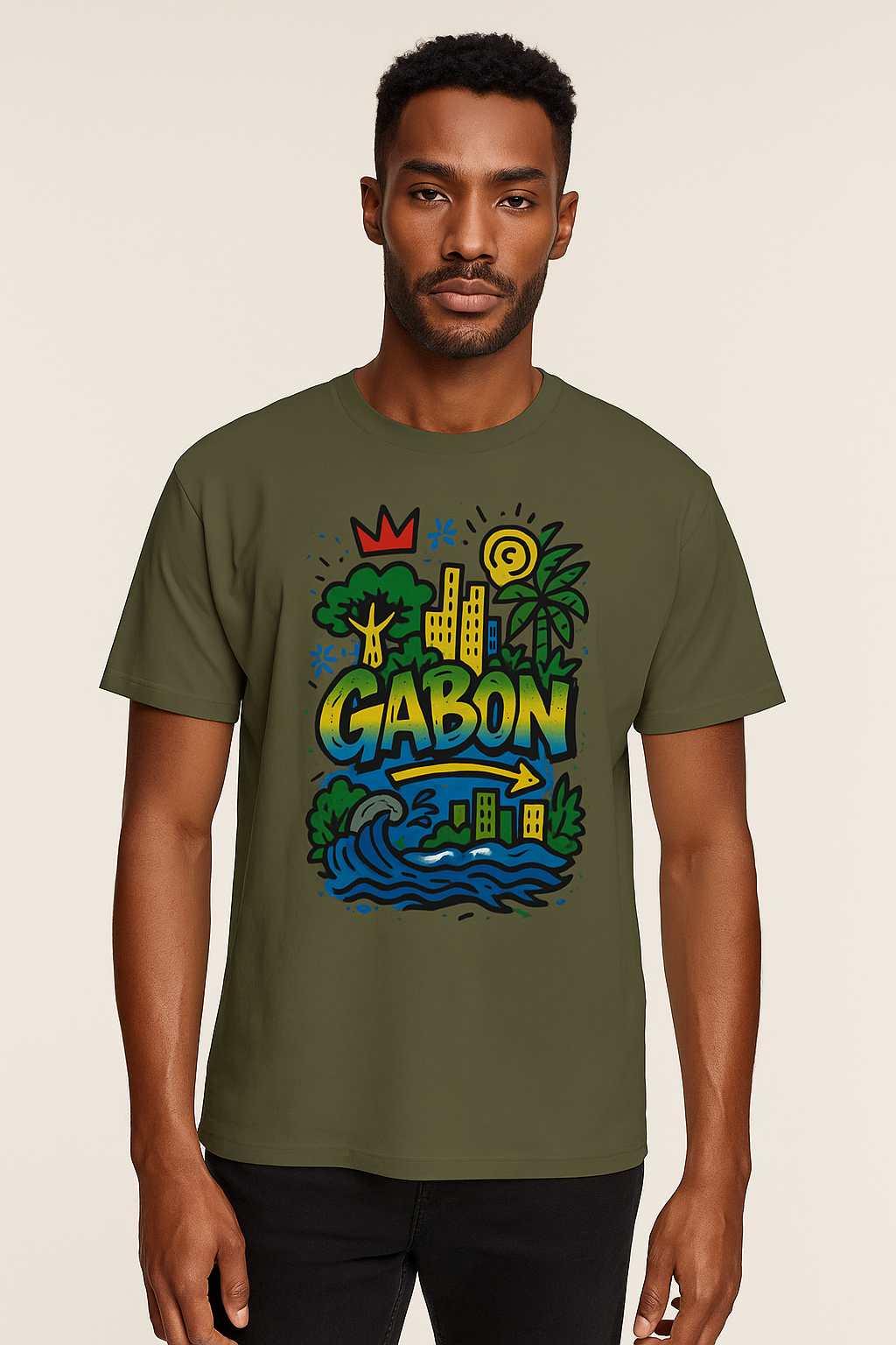 T-shirt kaki coton bio, imprimé coloré Gabon inspiré du Gabon Luxe, coupe unisexe afro luxe.