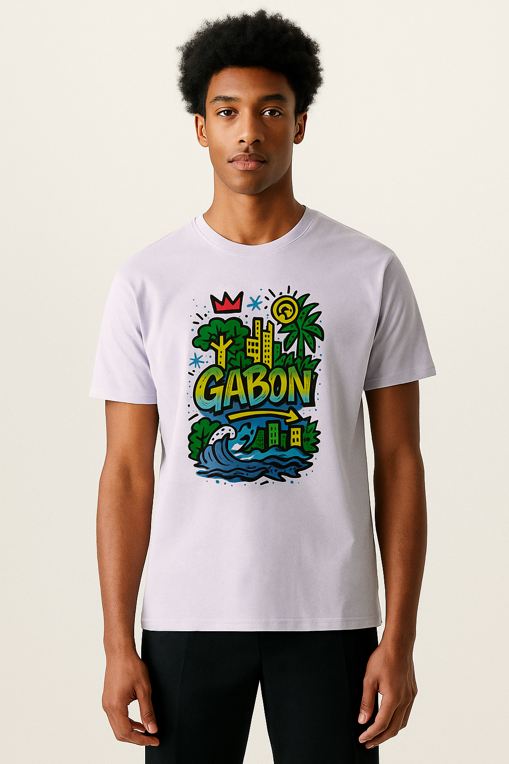 T-shirt lavande clair coton bio, imprimé Gabon coloré jaune, vert et bleu, coupe unisexe afro luxe.