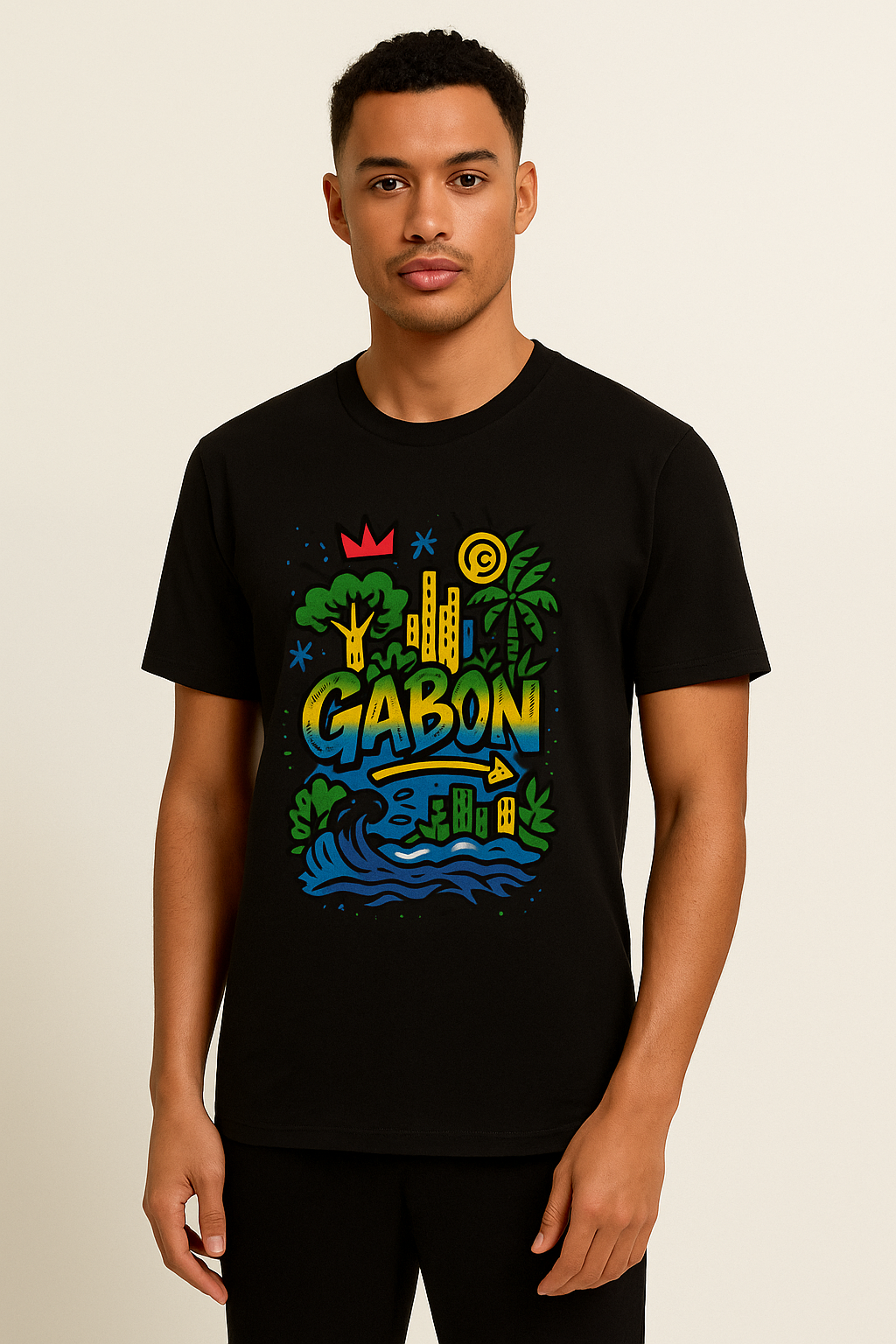 T-shirt noir en coton bio premium, imprimé artistique “GABON” jaune, vert et bleu, style afro luxe et exclusif.