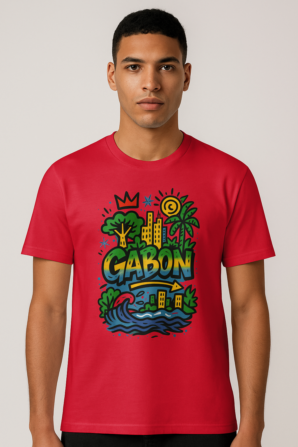T-shirt rouge vif en coton bio, imprimé artistique Gabon Luxe, coupe unisexe afro chic et premium.
