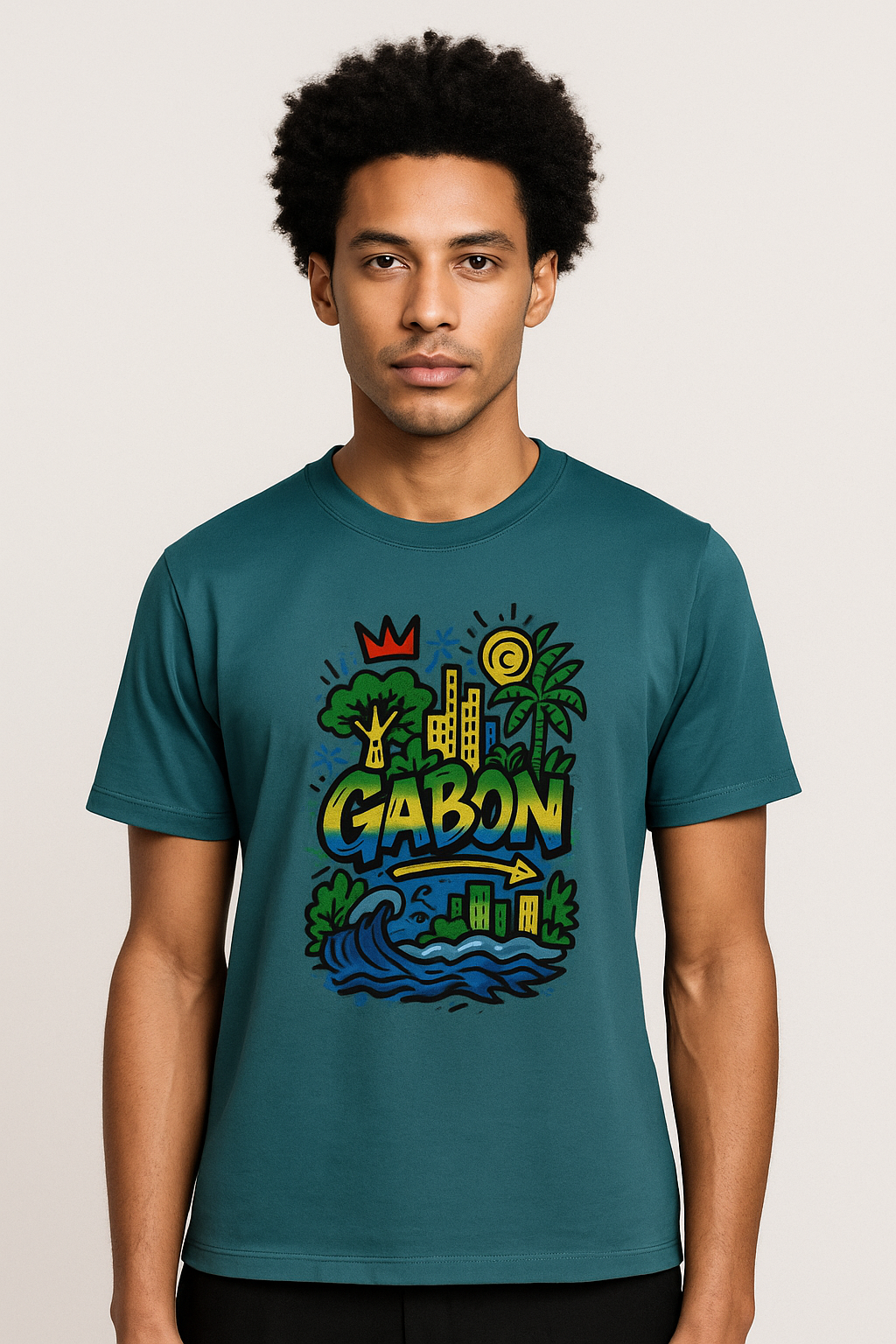 T-shirt stargazer (vert-bleu) en coton biologique, imprimé Gabon coloré, style afro luxe et exclusif.
