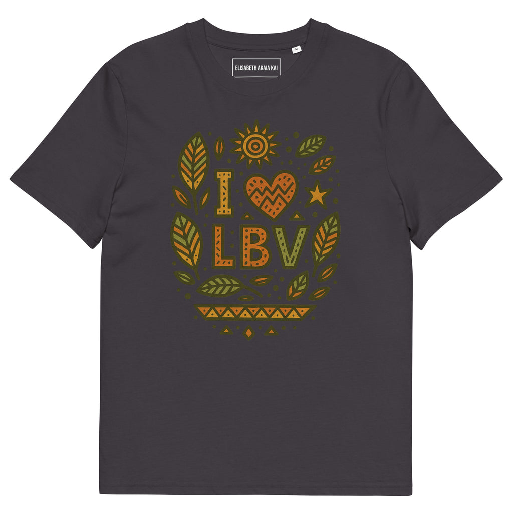 T-shirt anthracite en coton bio avec motif artistique “I ❤ LBV” et feuilles de badamier en vert et orange – Élisabeth Akaïa Kaï.