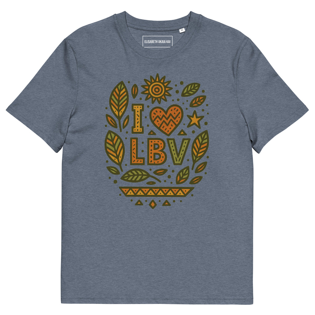 T-shirt bleu chiné foncé coton bio avec imprimé artistique “I ❤ LBV” inspiré des forêts et feuilles badamier.