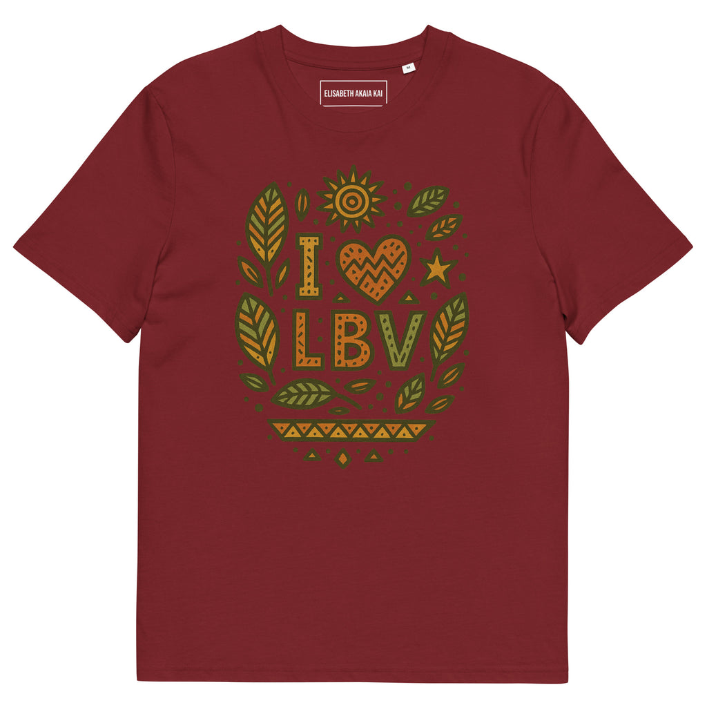 T-shirt rouge en coton biologique avec motif artistique “I ❤ LBV” et feuilles tropicales badamier.
