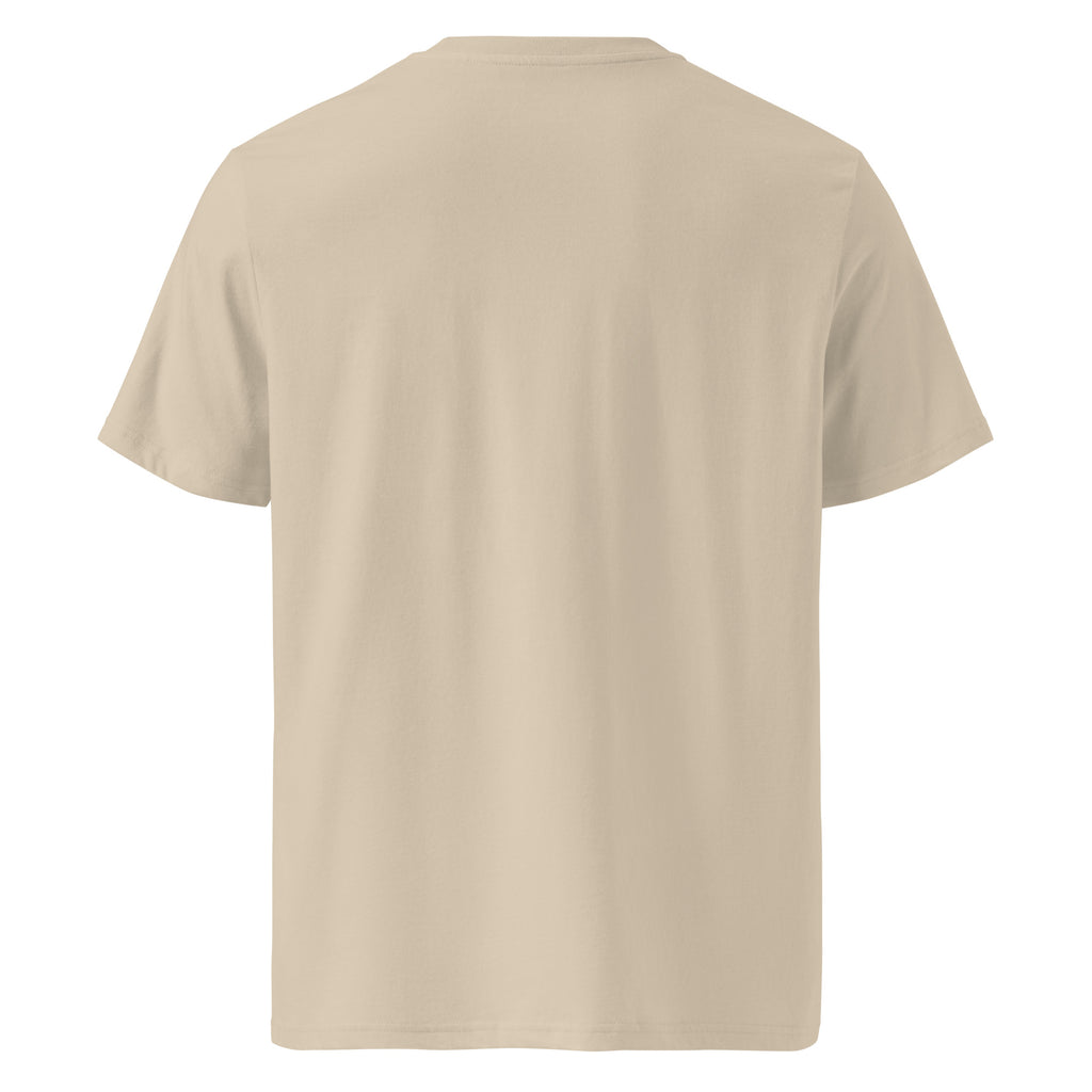 T-shirt Ondja beige sable unisexe coton bio certifié, imprimé artistique vague bleue et symboles graphiques, slow fashion afro luxe