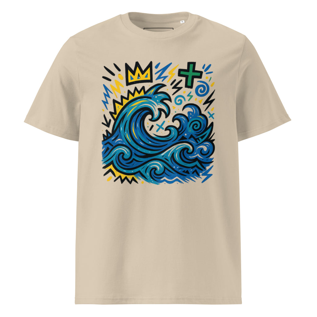 T-shirt Ondja beige sable unisexe coton bio certifié, imprimé artistique vague bleue et symboles graphiques, slow fashion afro luxe