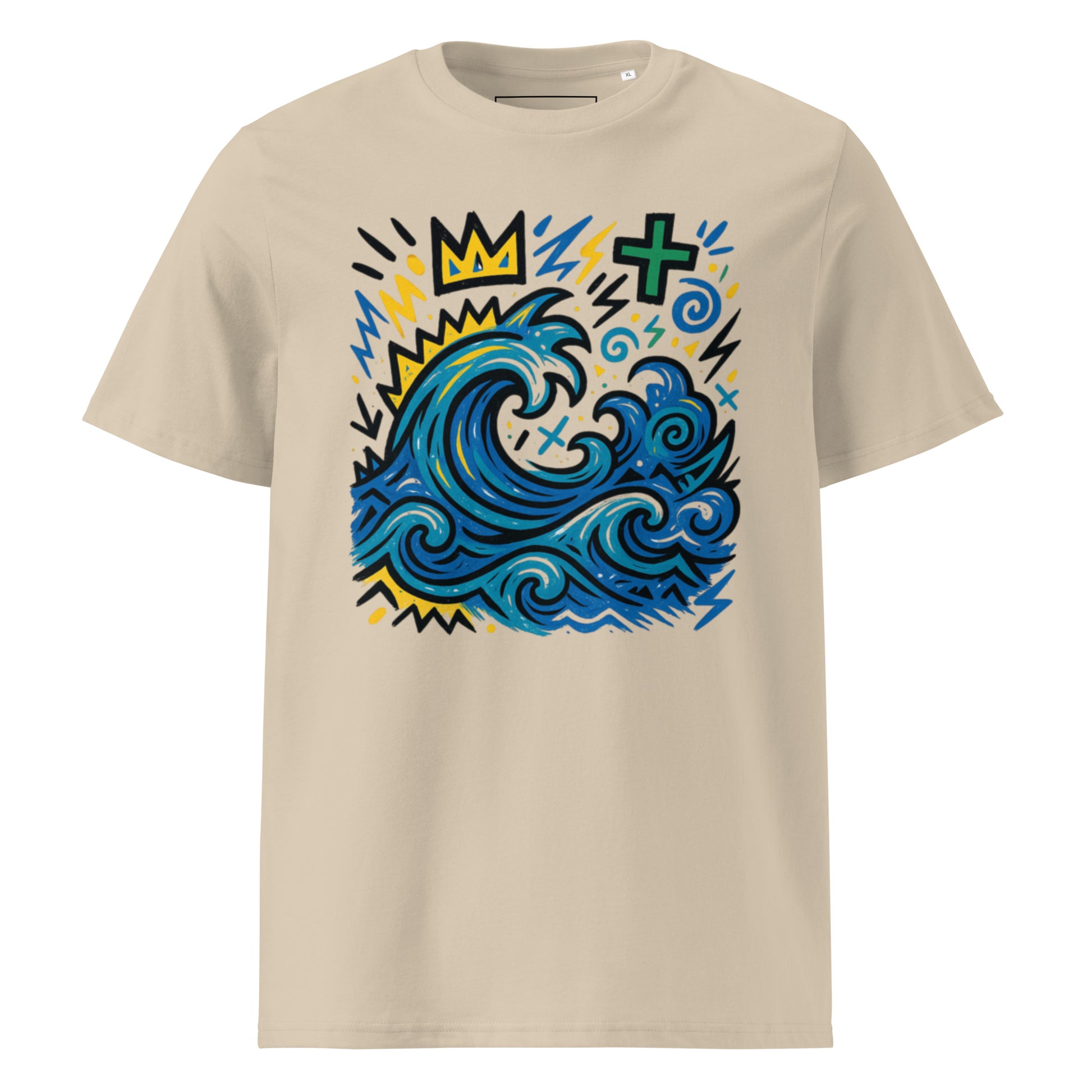 T-shirt Ondja beige sable unisexe coton bio certifié, imprimé artistique vague bleue et symboles graphiques, slow fashion afro luxe