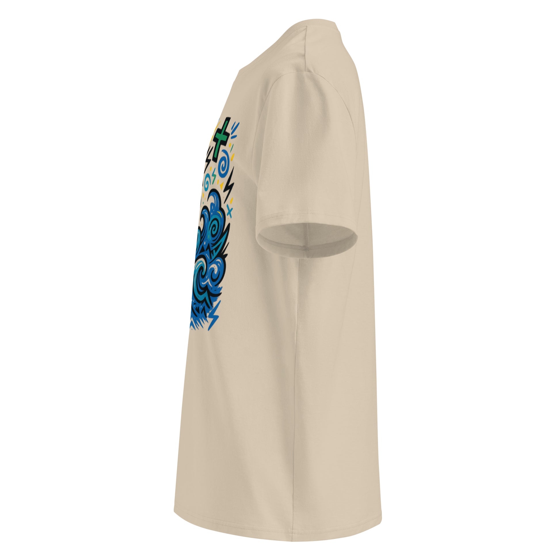 T-shirt Ondja beige sable unisexe coton bio certifié, imprimé artistique vague bleue et symboles graphiques, slow fashion afro luxe
