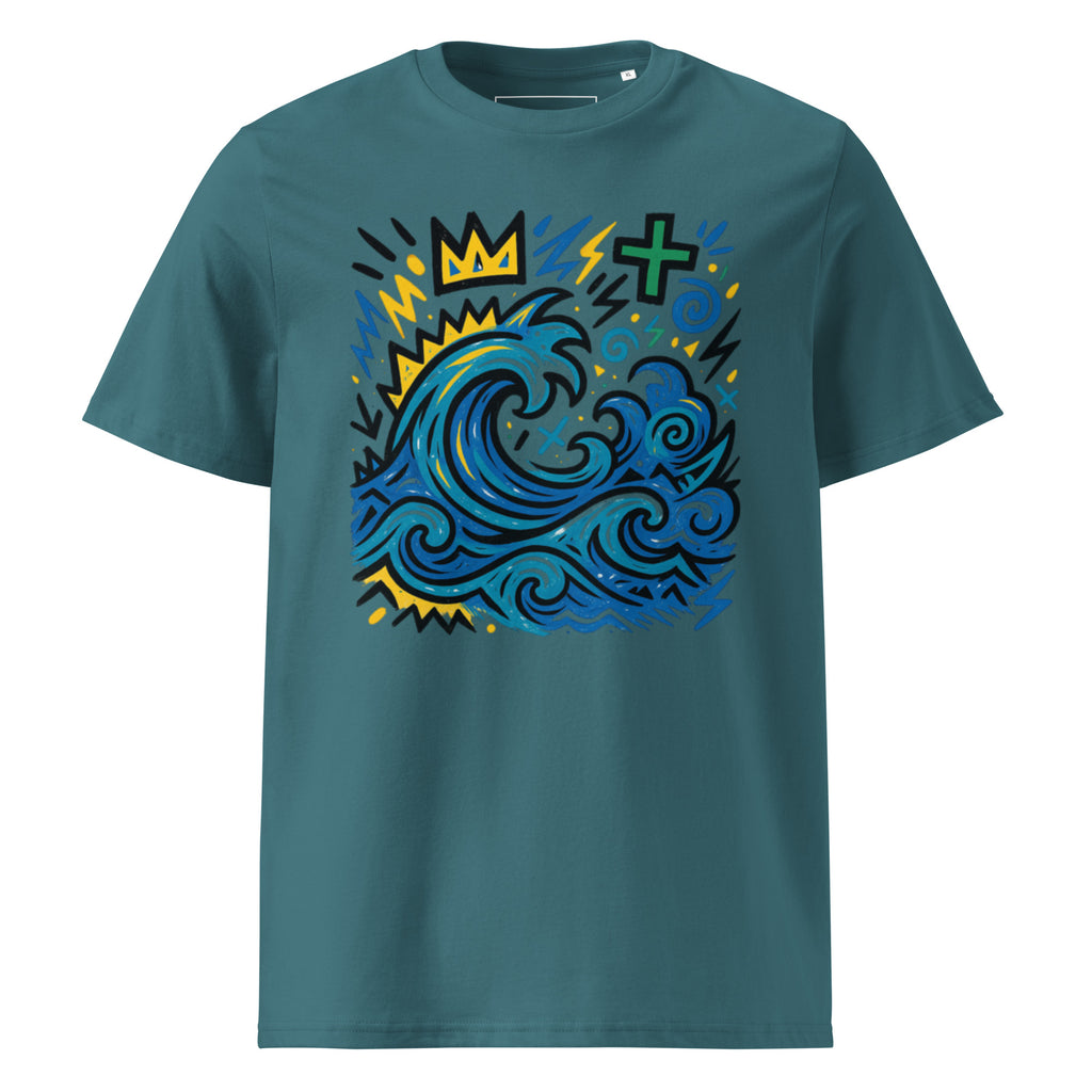 T-shirt Ondja bleu-vert unisexe coton biologique, imprimé artistique vague bleue et symboles, mode afro luxe contemporaine