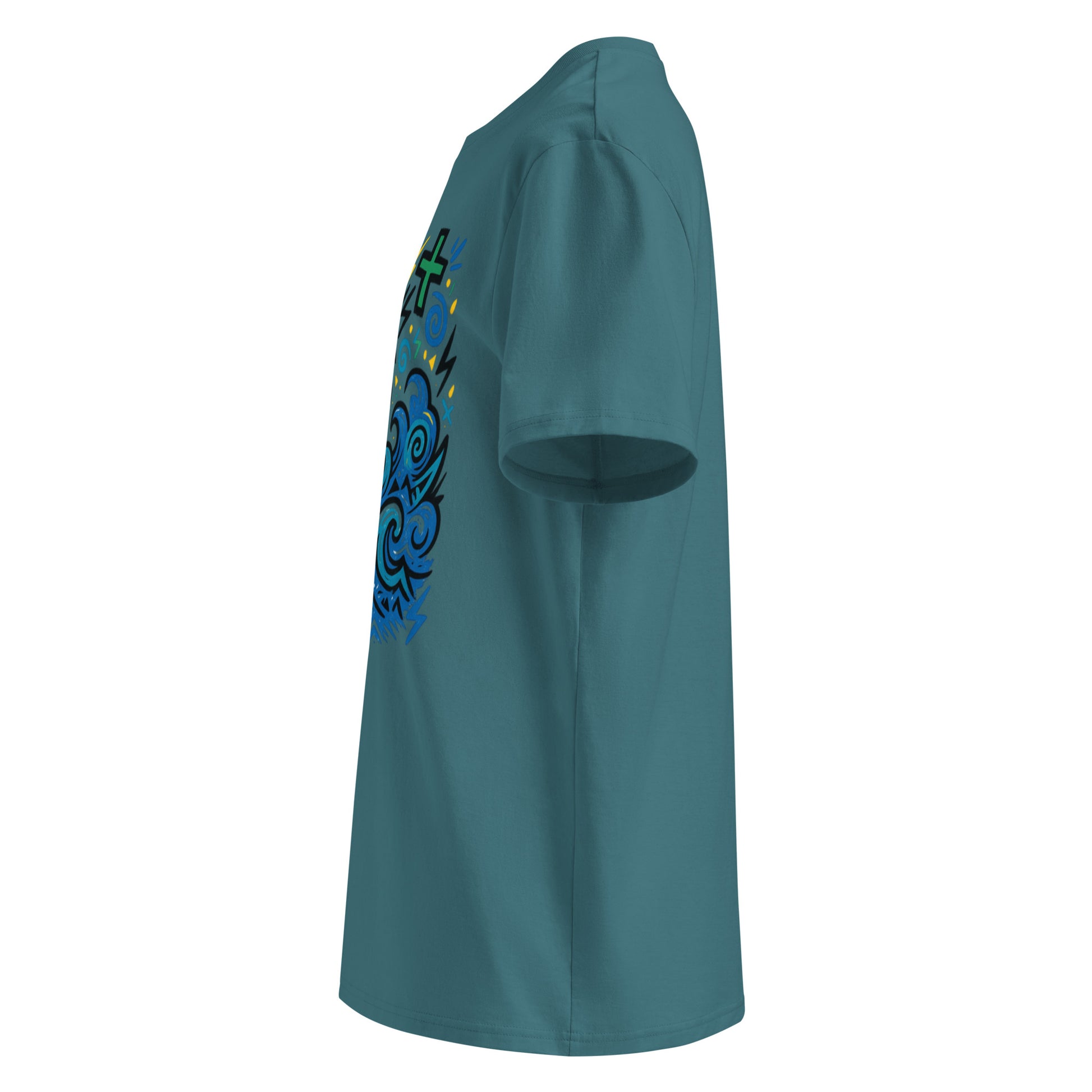 T-shirt Ondja bleu-vert unisexe coton biologique, imprimé artistique vague bleue et symboles, mode afro luxe contemporaine