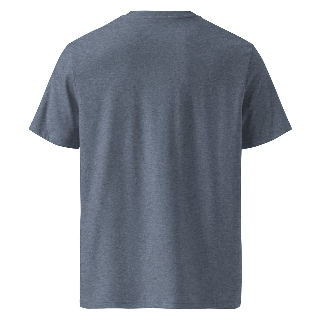 T-shirt Ondja bleu chiné foncé unisexe coton bio certifié, motif vague bleue et symboles graphiques colorés, Élisabeth Akaïa Kaï