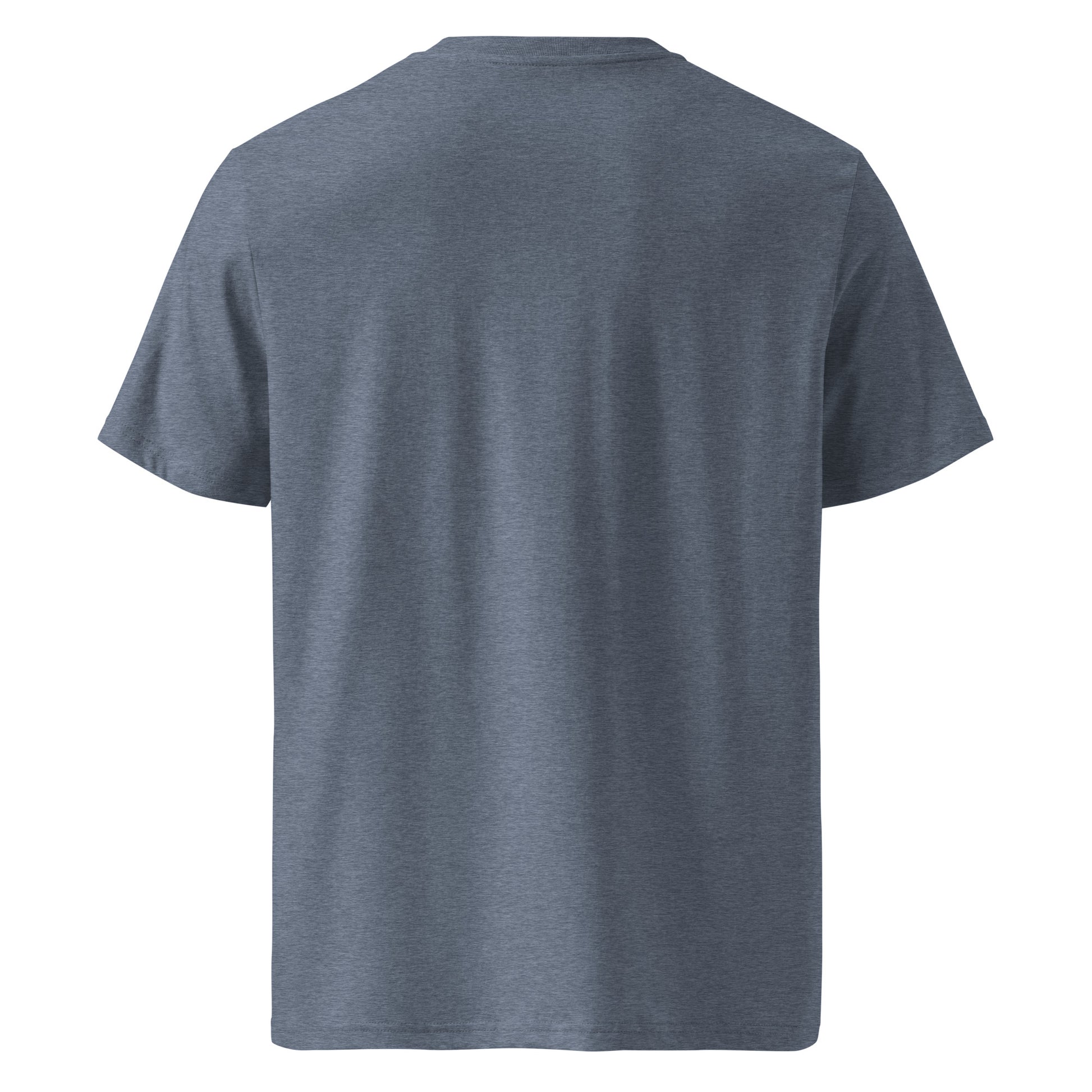 T-shirt Ondja bleu chiné foncé unisexe coton bio certifié, motif vague bleue et symboles graphiques colorés, Élisabeth Akaïa Kaï