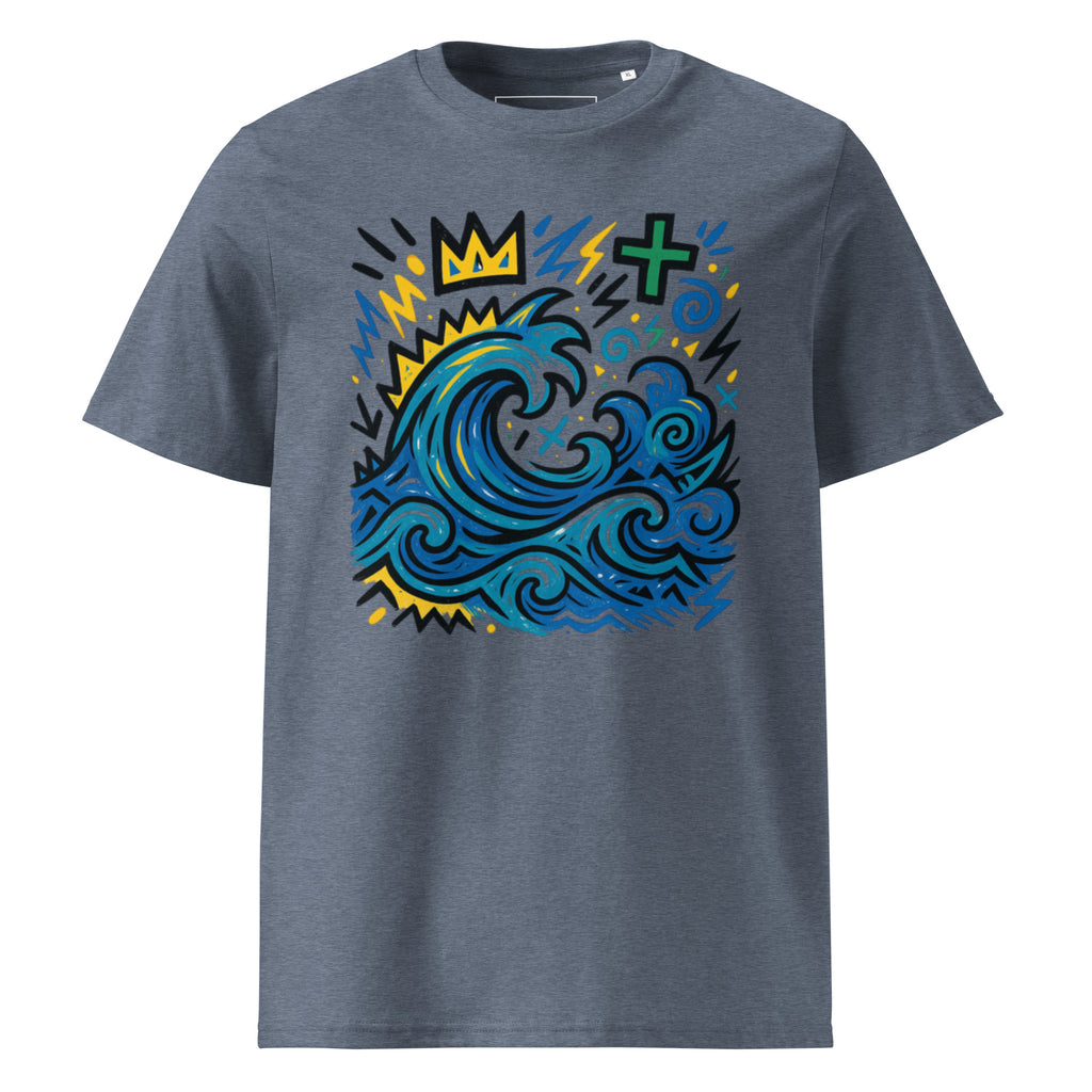 T-shirt Ondja bleu chiné foncé unisexe coton bio certifié, motif vague bleue et symboles graphiques colorés, Élisabeth Akaïa Kaï